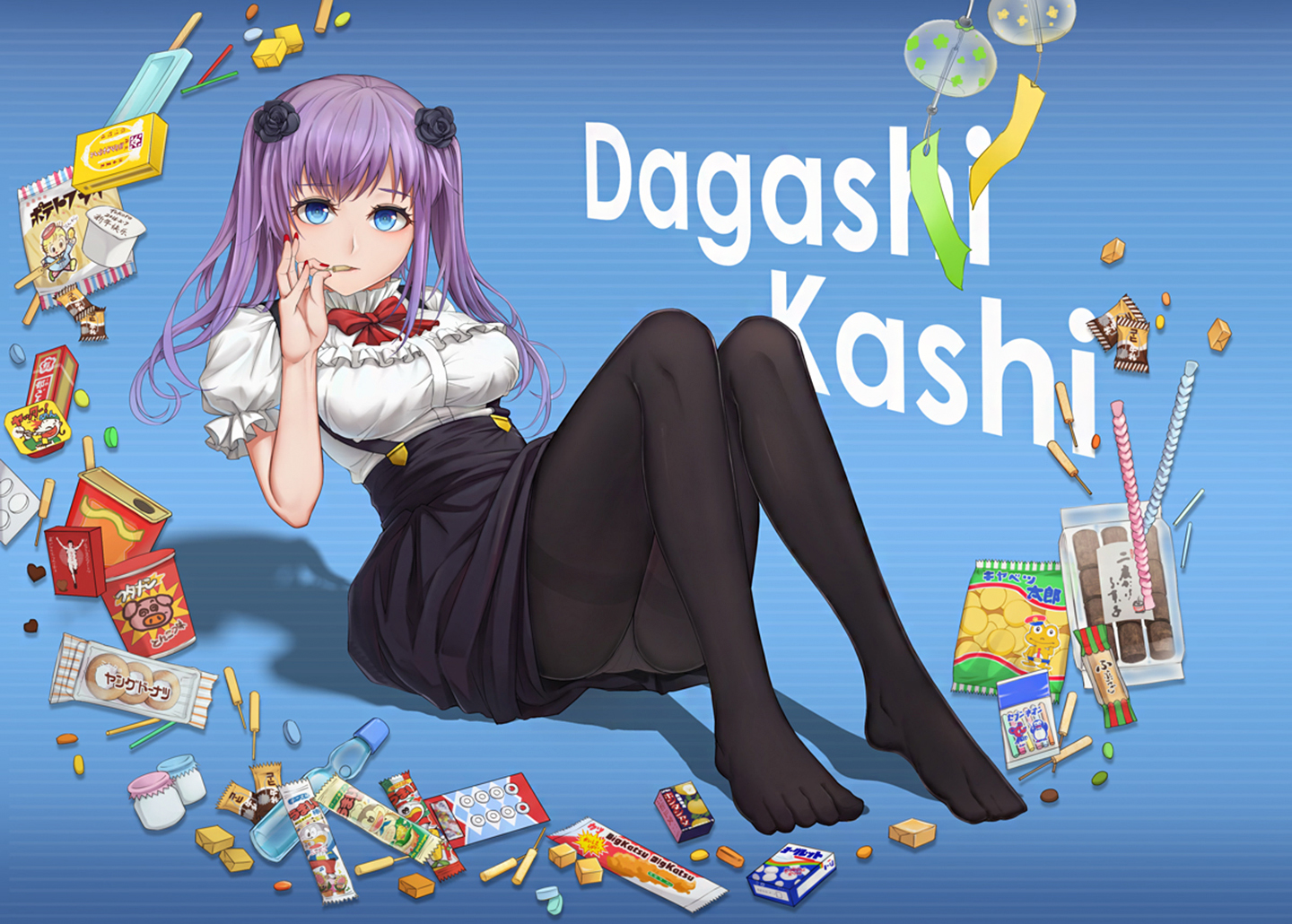 dagashi kashi, anime, blue eyes, bow (clothing), eating, food, pantyhose, purple hair, shidare hotaru, skirt, sweets
