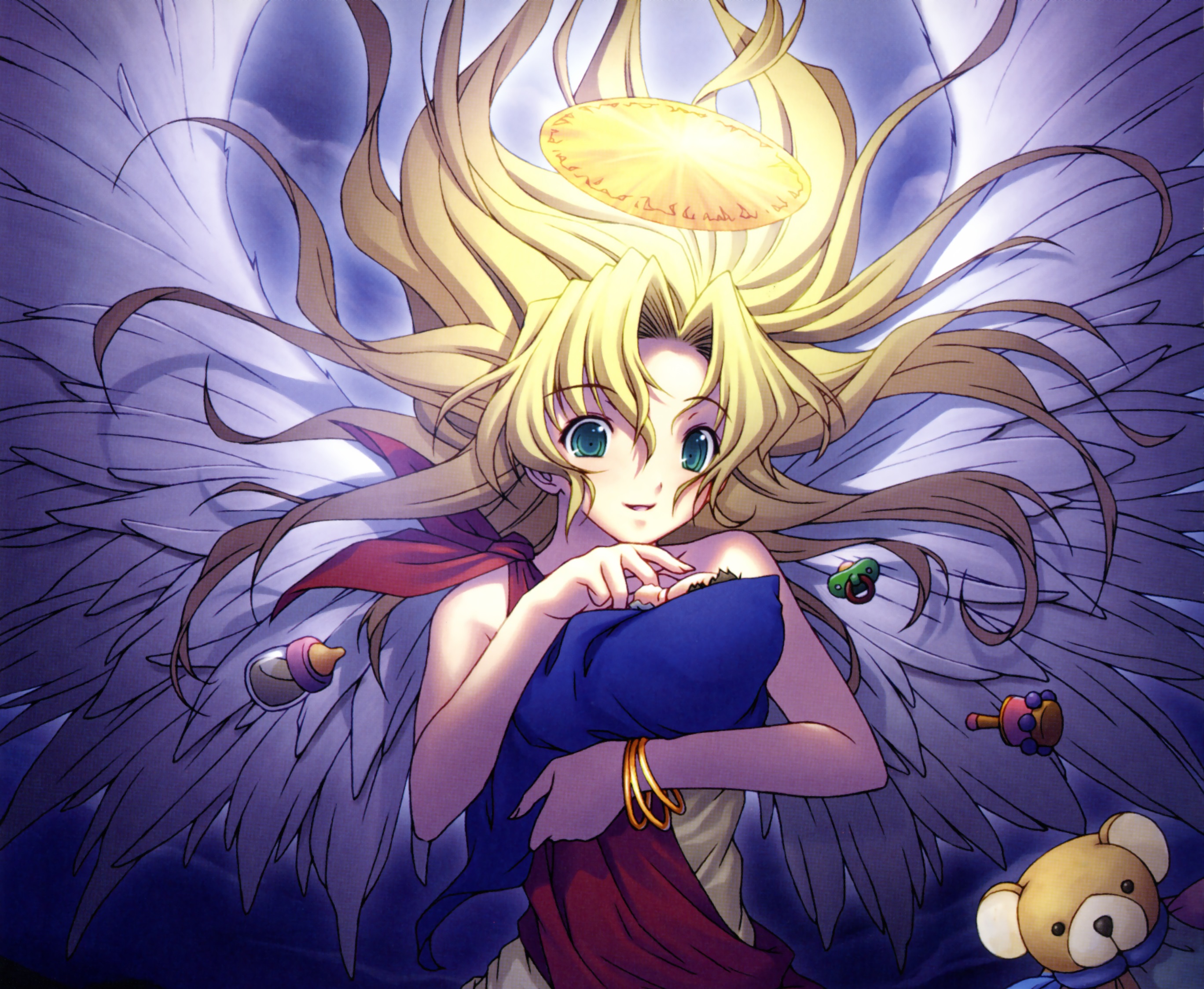Download mobile wallpaper Anime, Smile, Wings, Angel, Blonde, Green Eyes, Baby, Blush, Long Hair for free.