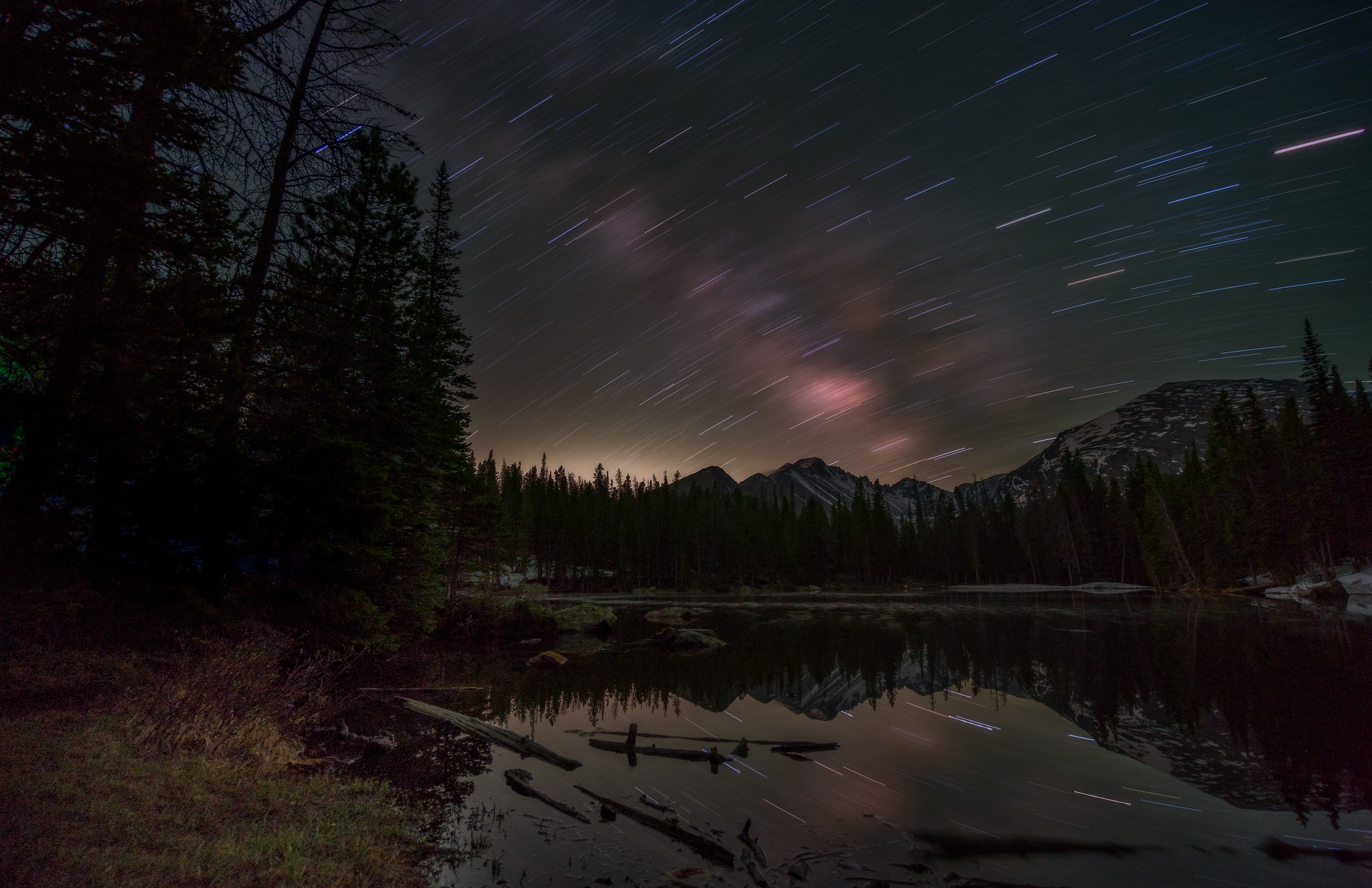 canada, earth, night, lake, mountain, nature, reflection, star trail wallpaper for mobile