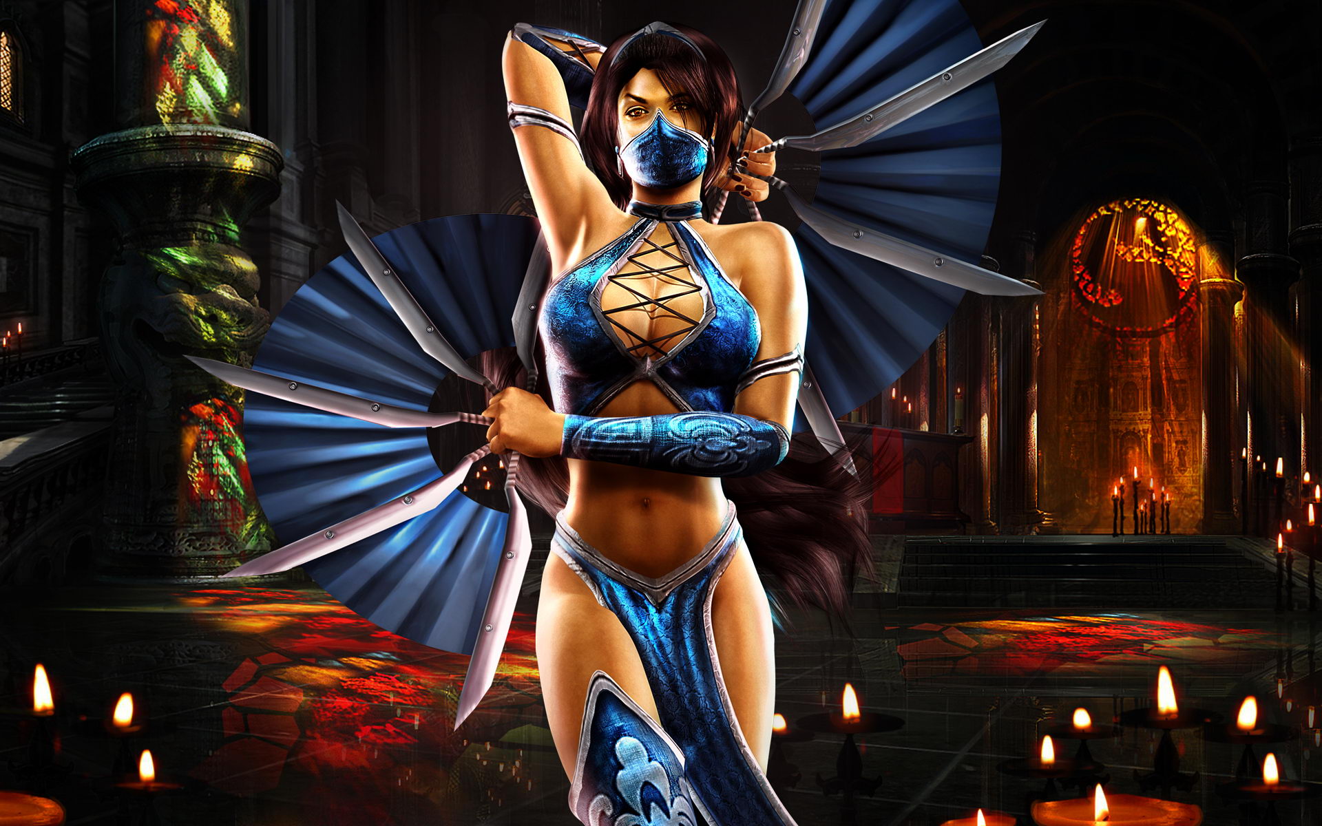 mortal kombat, candle, blue, video game, brown hair, fan, mask, weapon High Definition image