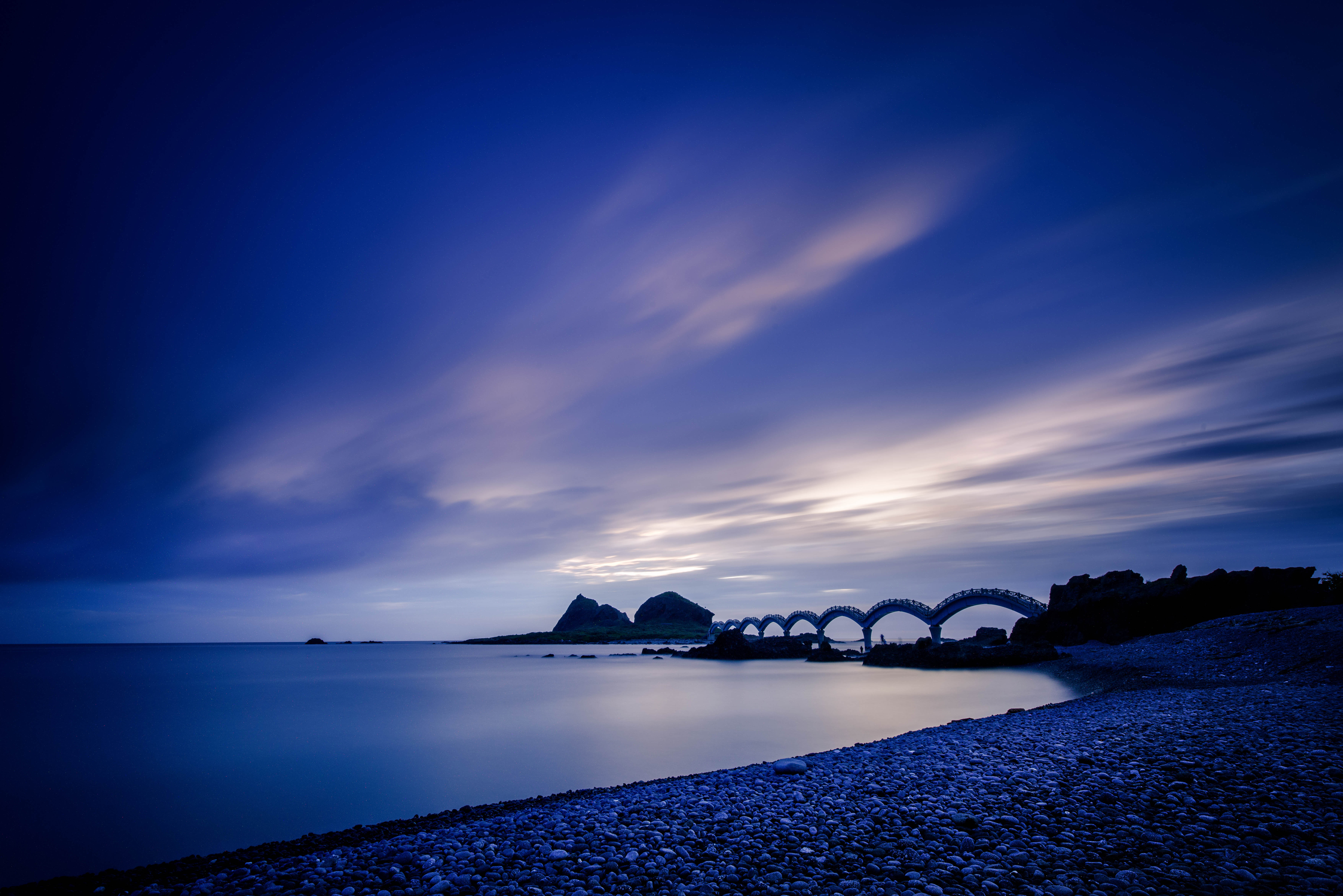 evening, nature, sunset, stones, sea, shore, bank, bridge cellphone