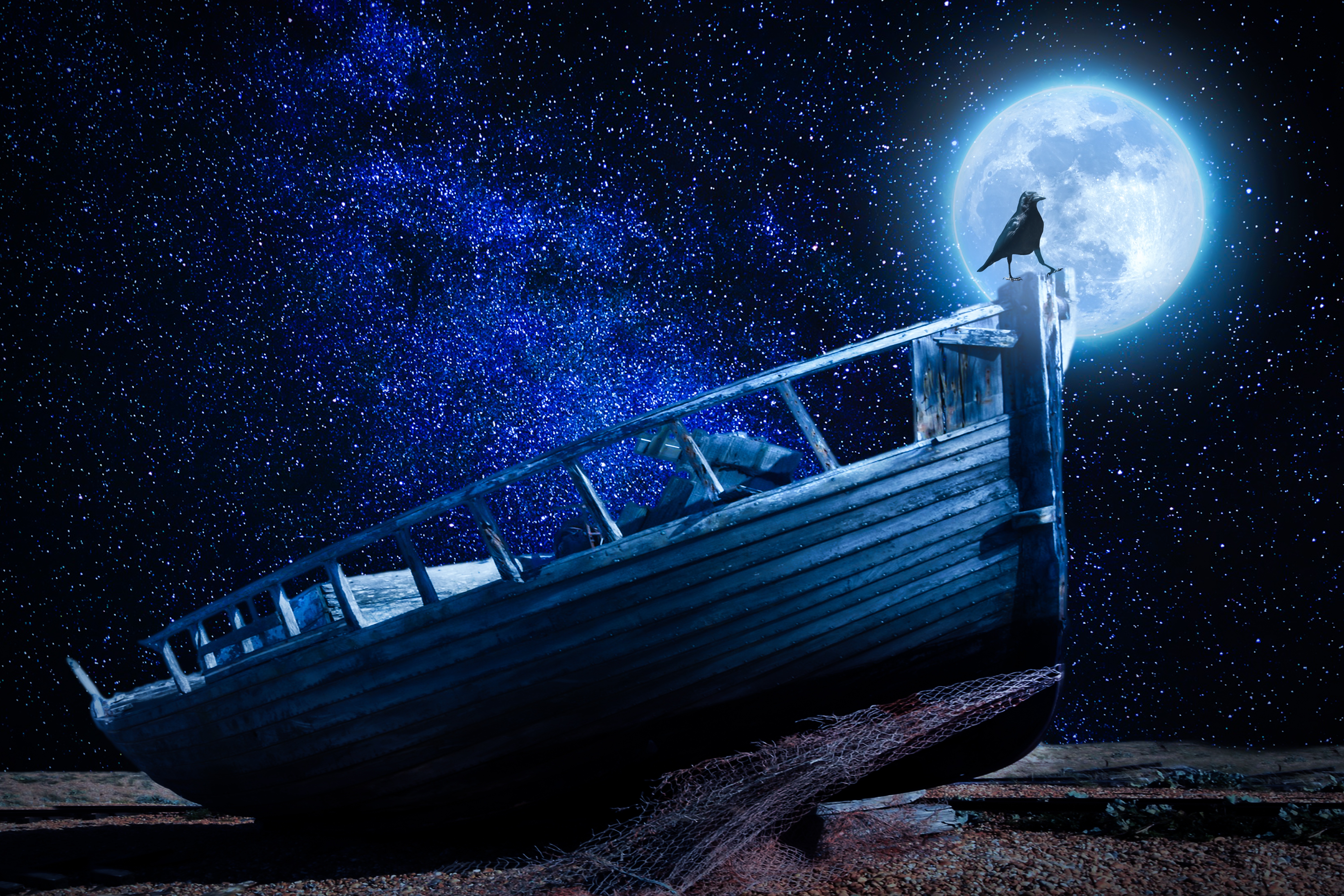Download mobile wallpaper Starry Sky, Pebble, Boat, Raven, Moon, Dark for free.