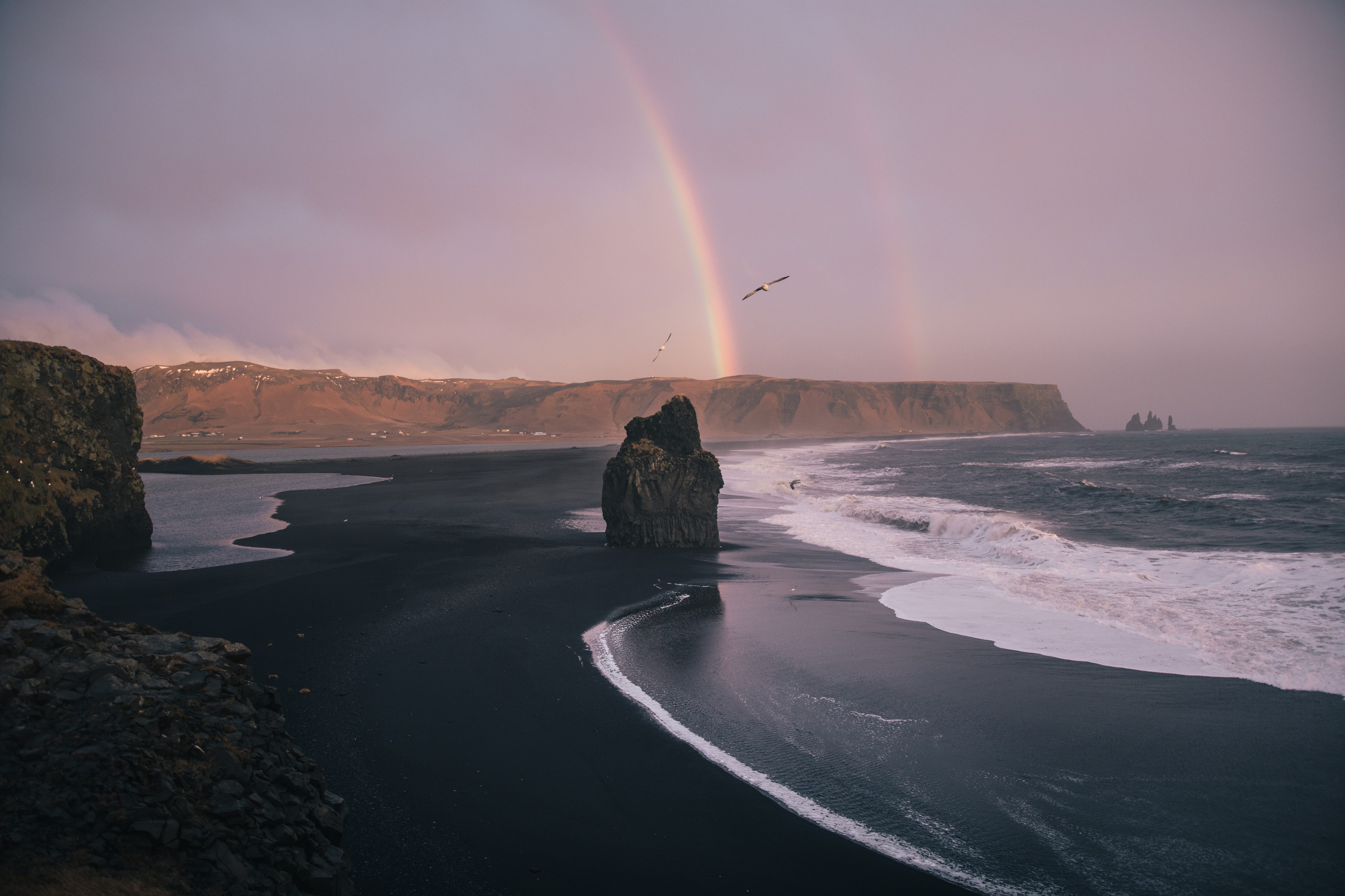 rainbow, nature, sea, waves, beach, rocks HD wallpaper