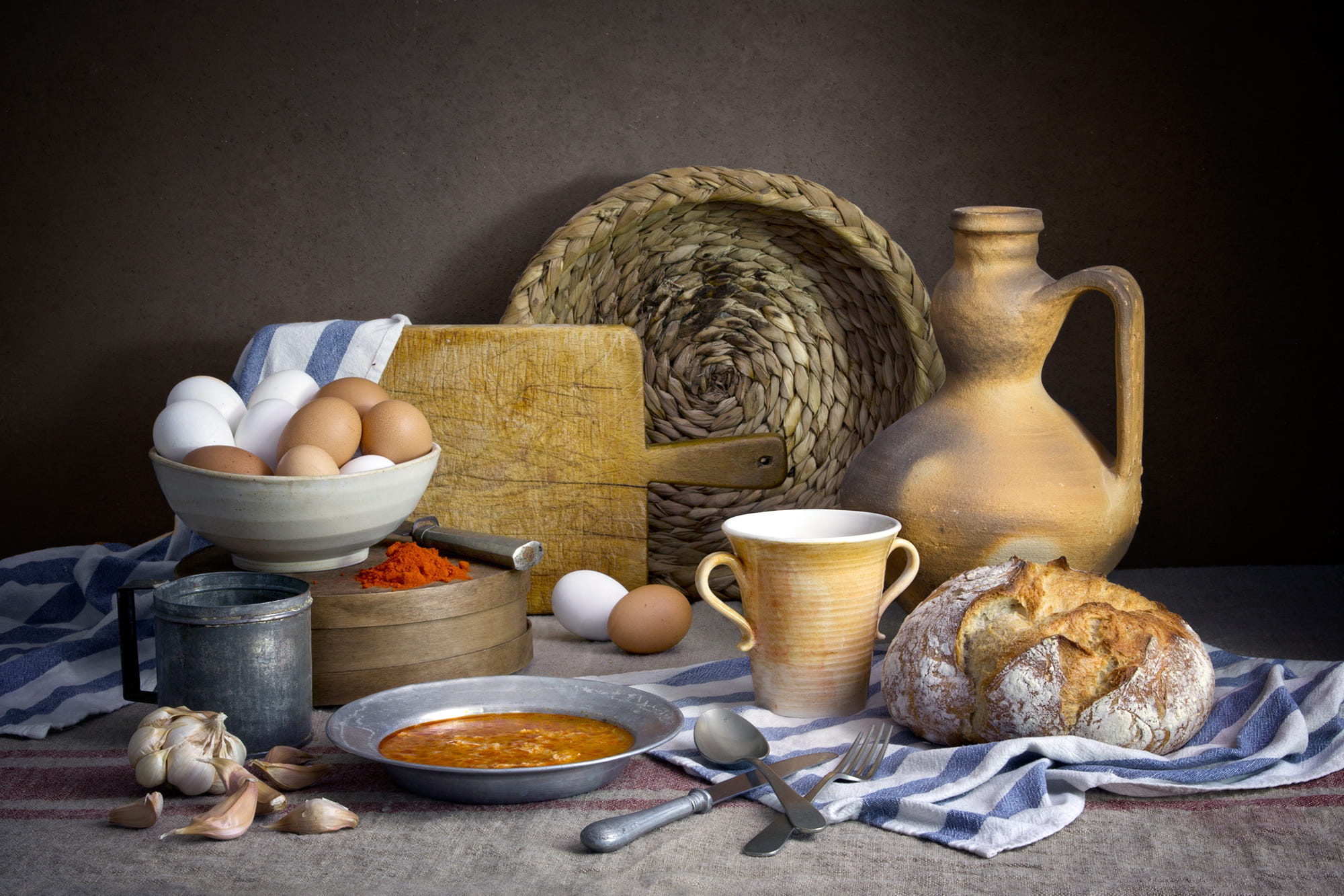 vertical wallpaper food, still life, bread, egg, plate, soup