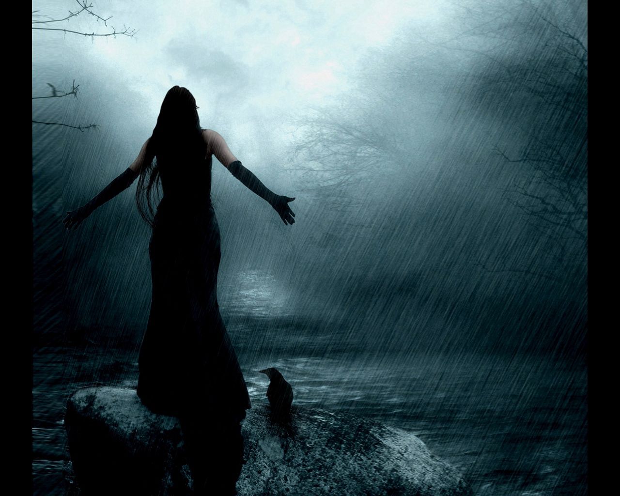 rain, raven, girl, fantasy, darkness HD wallpaper