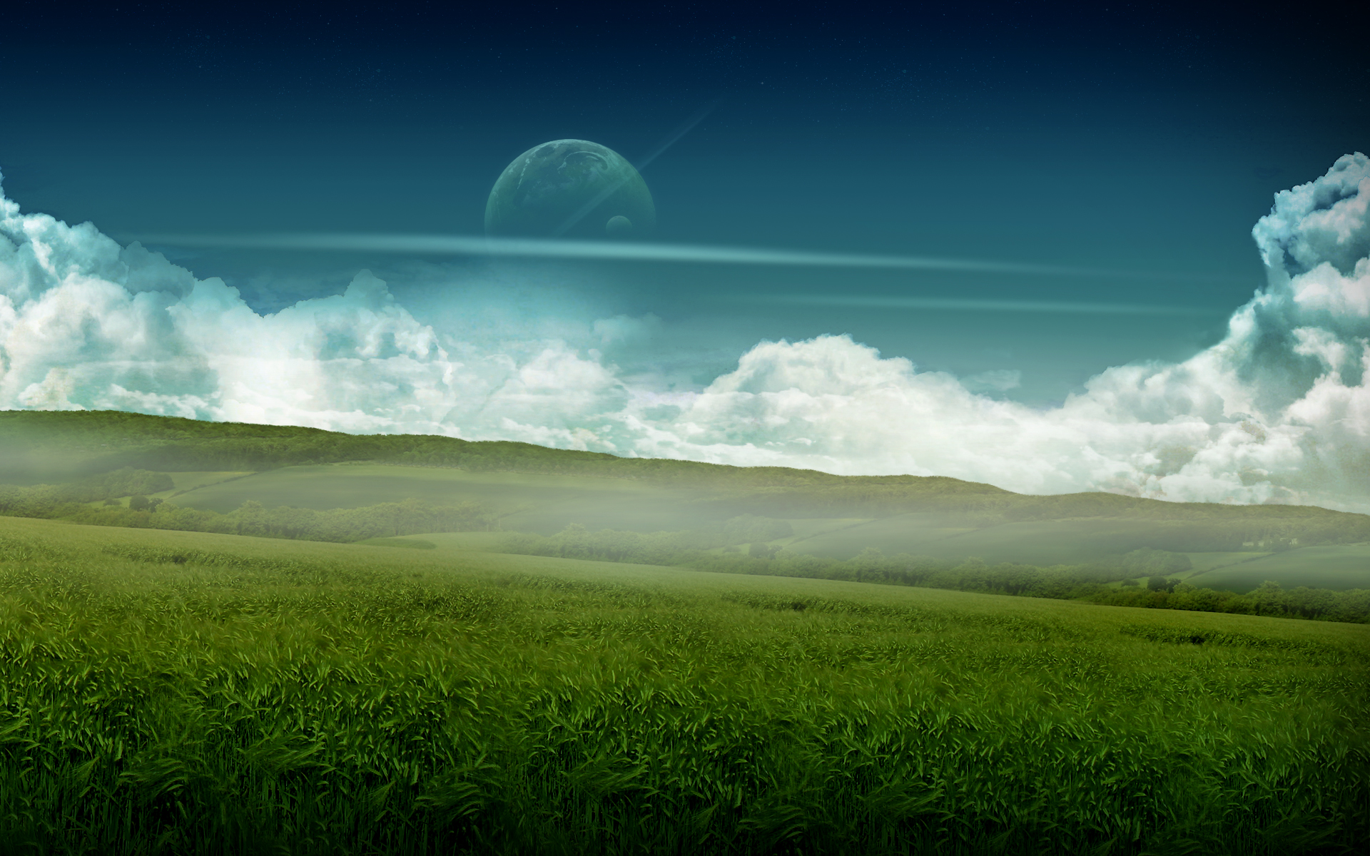 hill, grass, cgi, landscape, moon, earth, a dreamy world, cloud, planet, sky Full HD