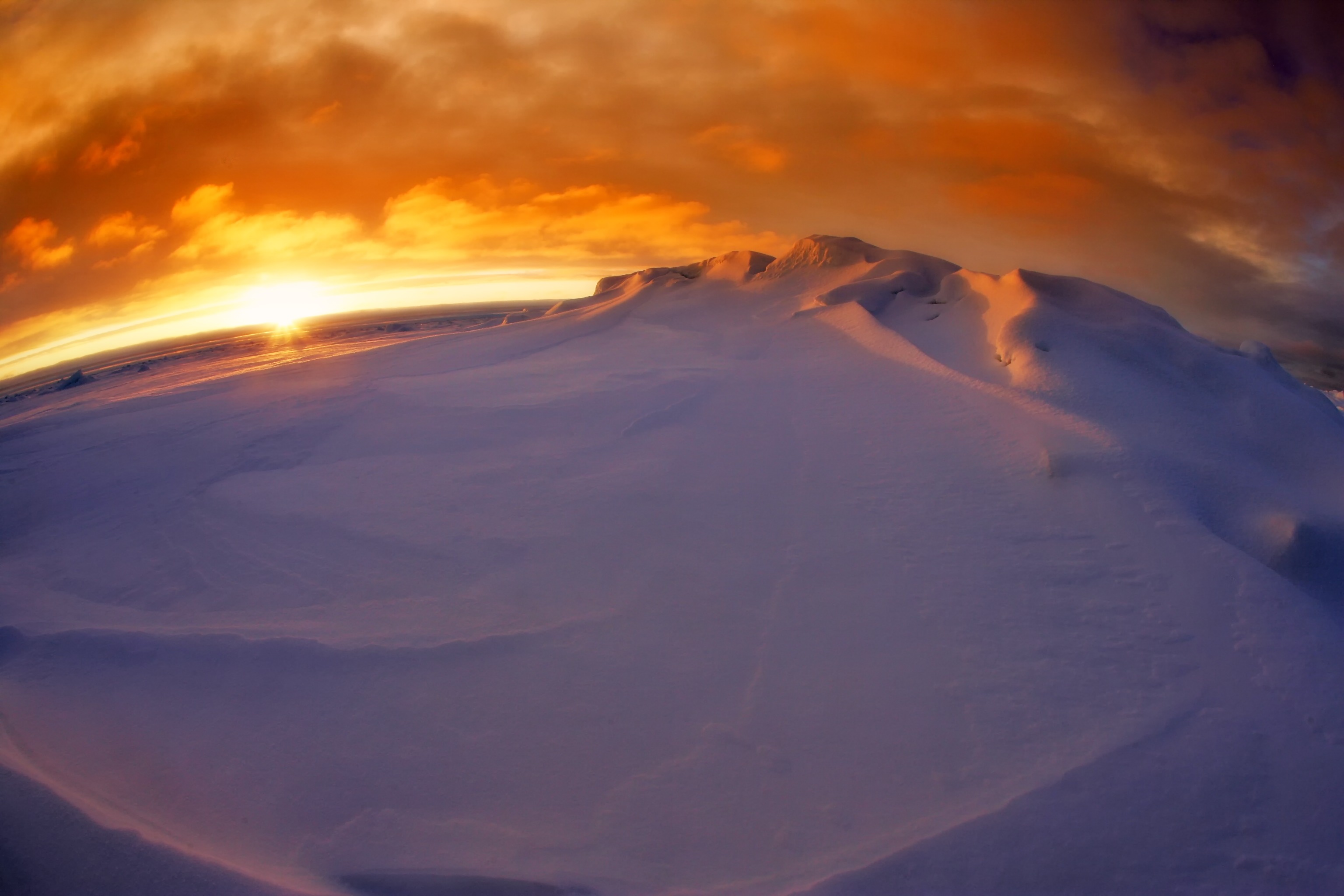 Download mobile wallpaper Landscape, Winter, Sunset, Sky, Sun, Snow, Mountain, Arctic, Cloud, Antarctica, Photography, Fisheye for free.
