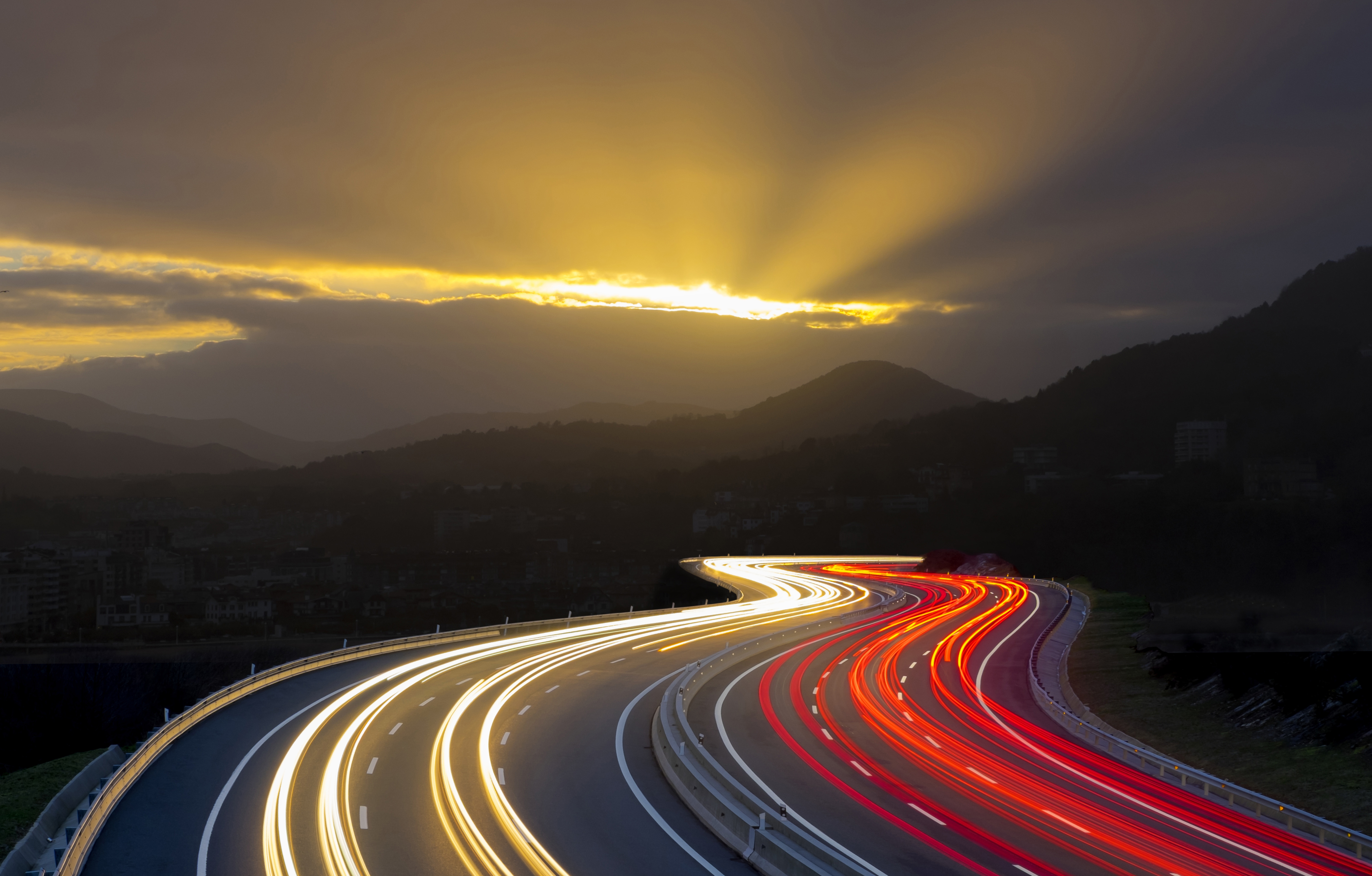 Download mobile wallpaper Landscape, Road, Highway, Sunbeam, Man Made, Time Lapse for free.