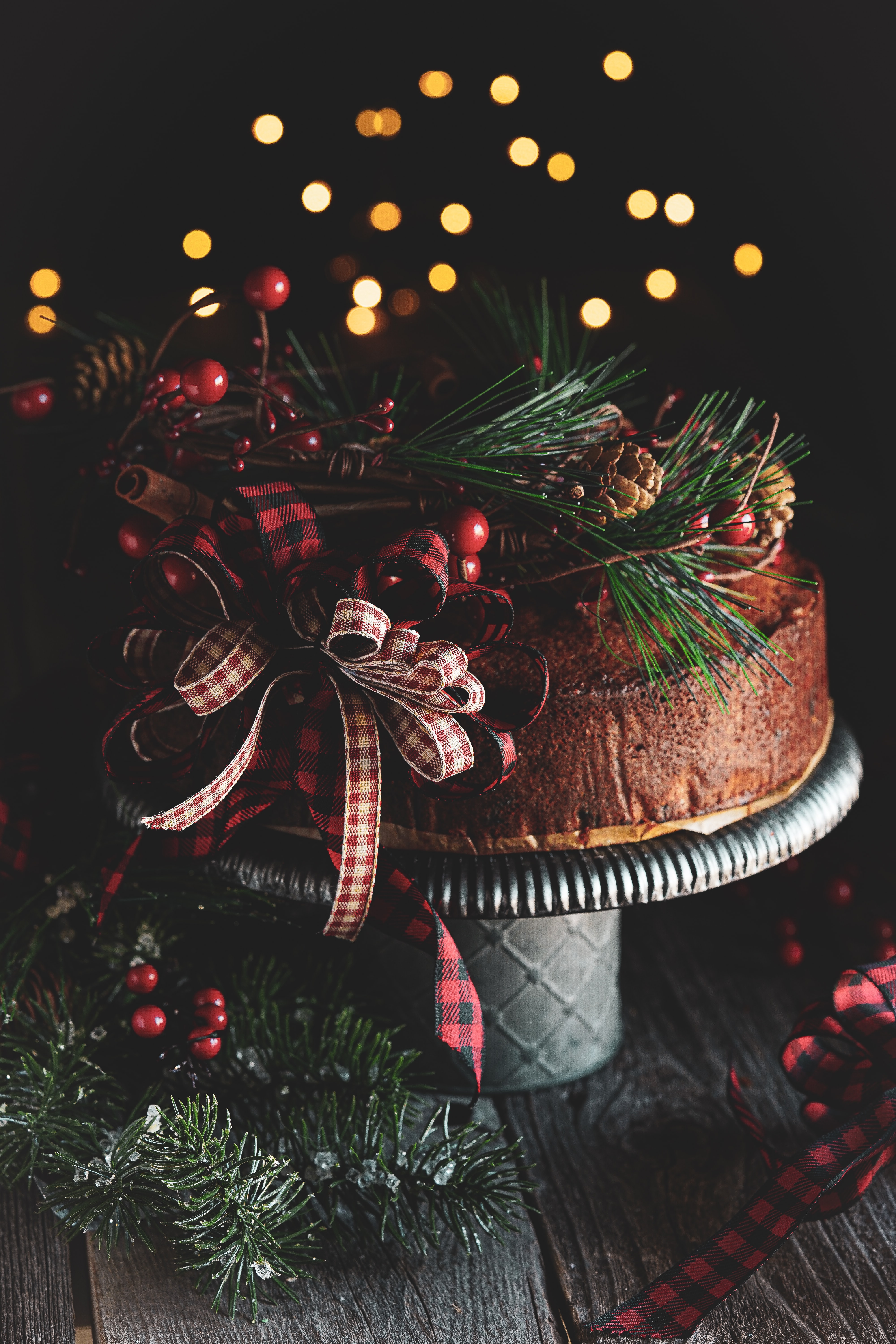 Download mobile wallpaper Fir, Bow, Spruce, Decorations, Cones, Branches, Holidays, Cake for free.