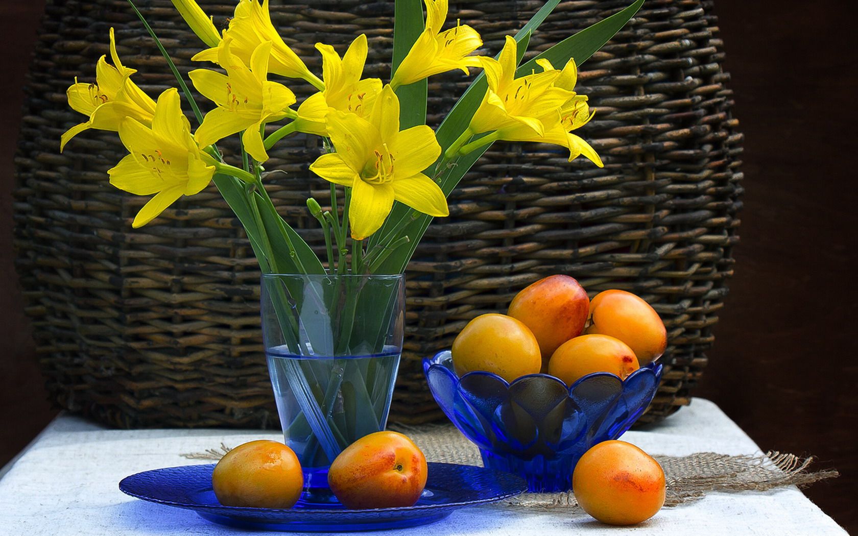 photography, still life, flower, fruit, lily, wicker, yellow flower lock screen backgrounds