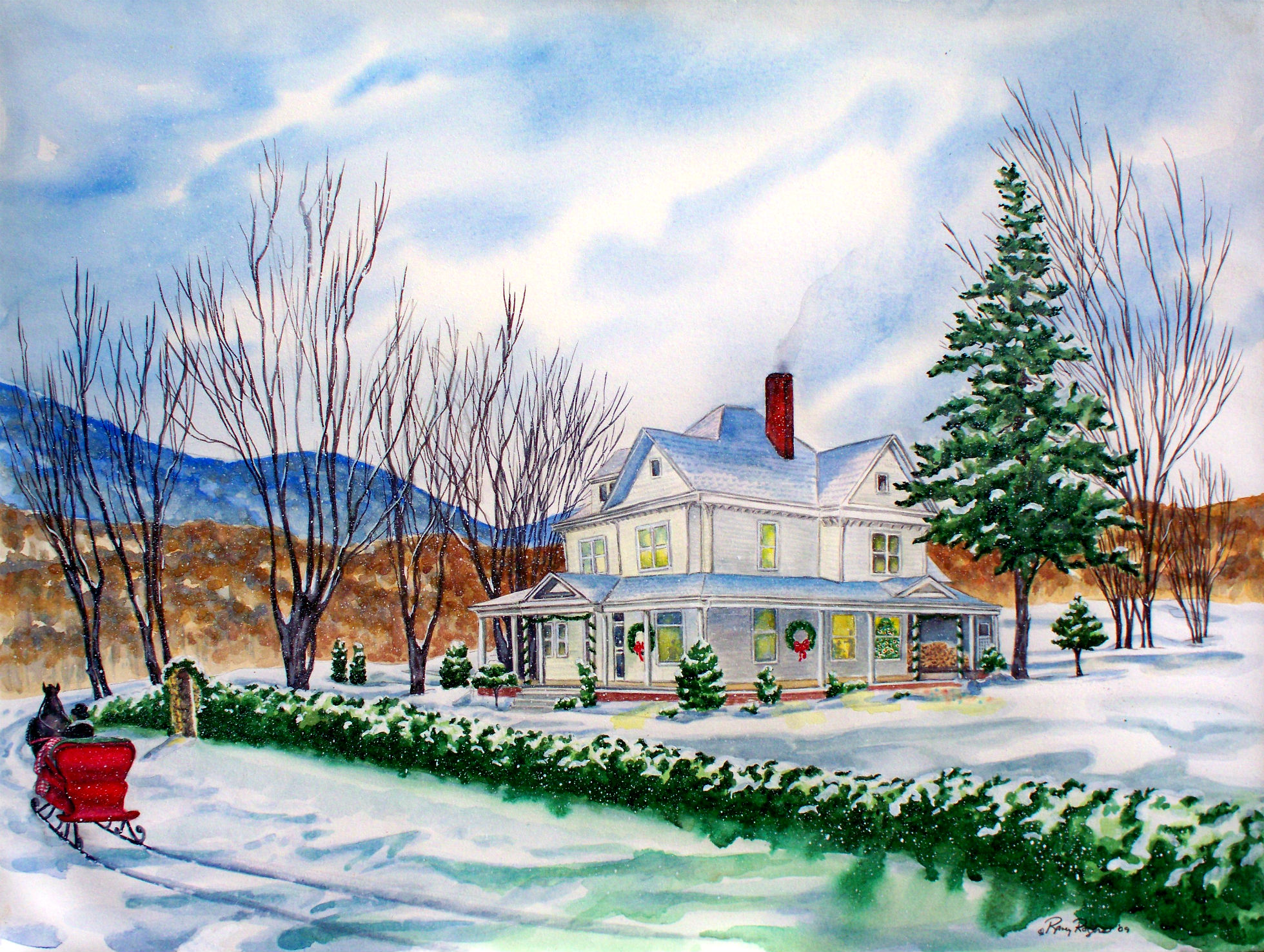 snow, painting, holiday, christmas, cart, horse, house, tree