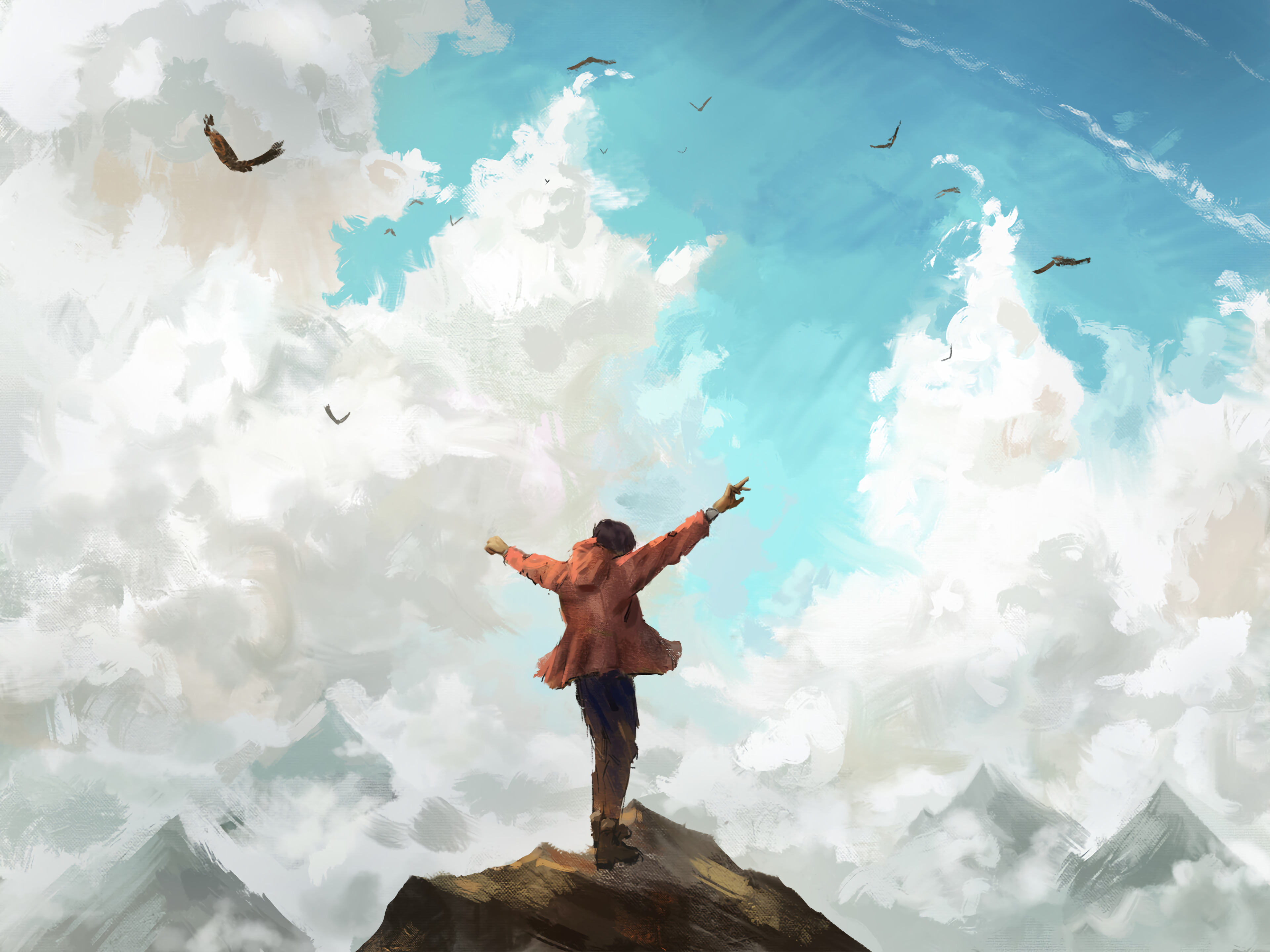 104869 скачать картинку свобода, арт, небо, скалы, человек - обои и заставки бесплатно