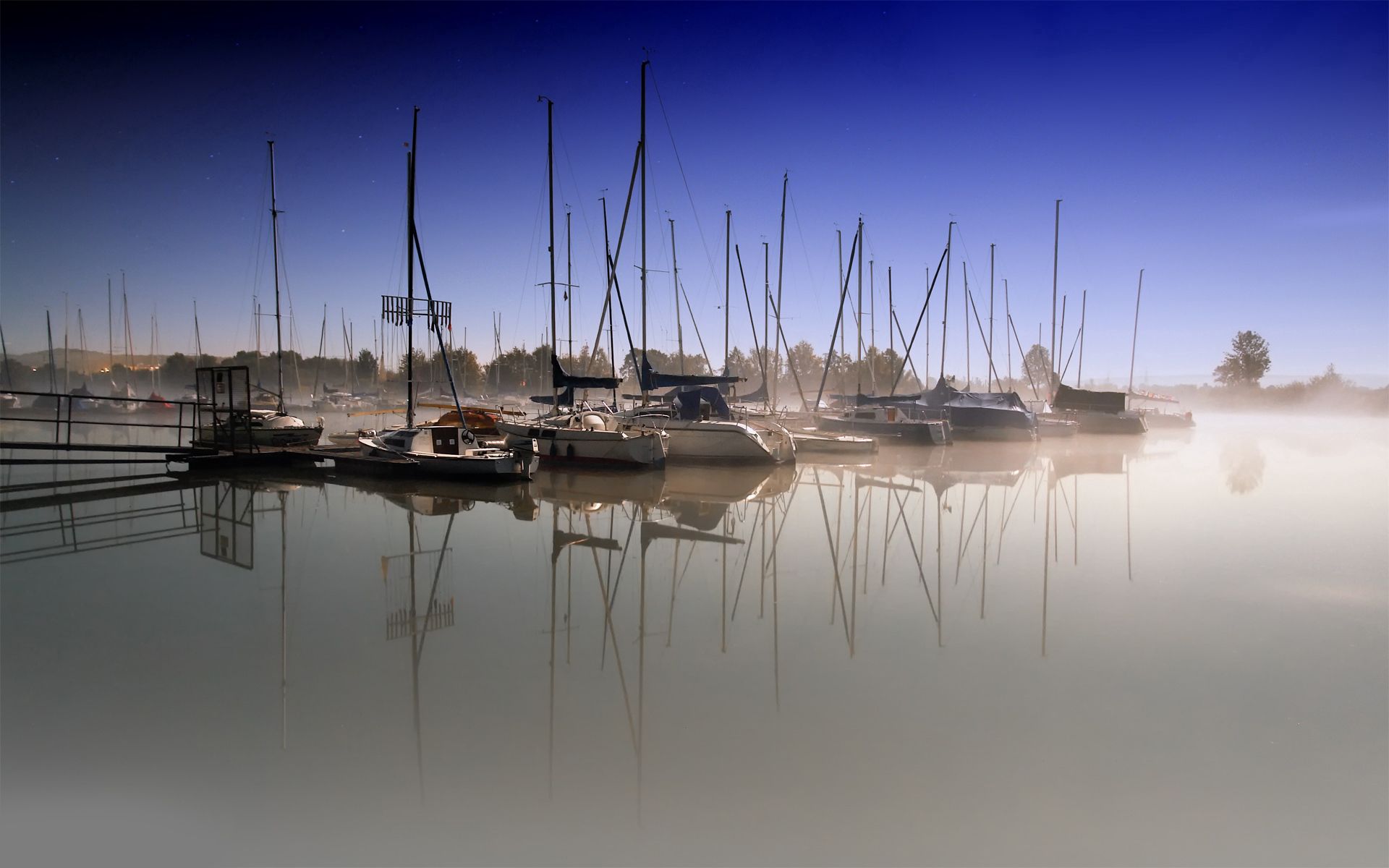 nature, boats, pier, fog, morning, water surface, wharf, sailboats