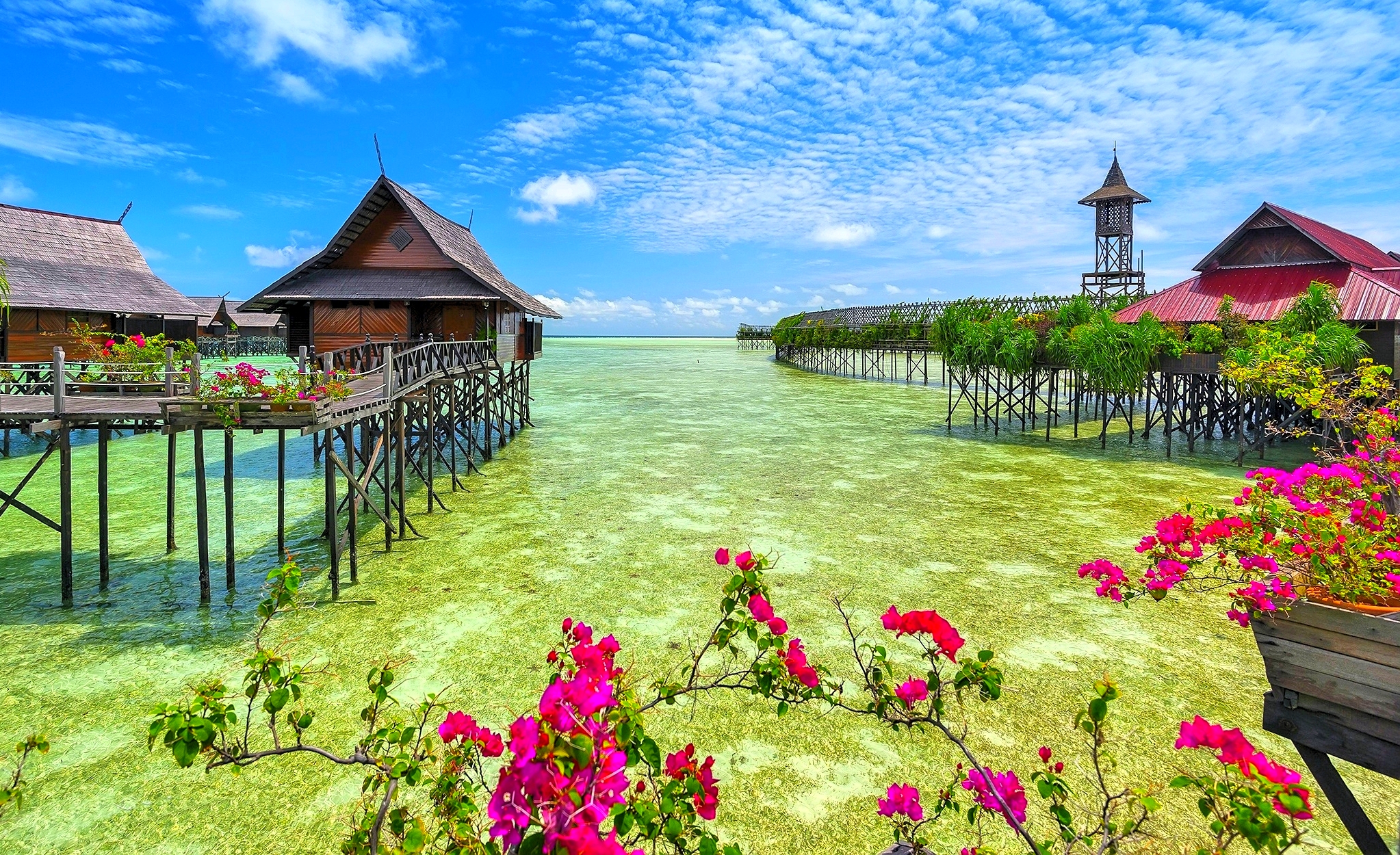 bungalow, hotel, man made, resort, flower, horizon, hut, malaysia, ocean, sea, tropical, turquoise HD wallpaper
