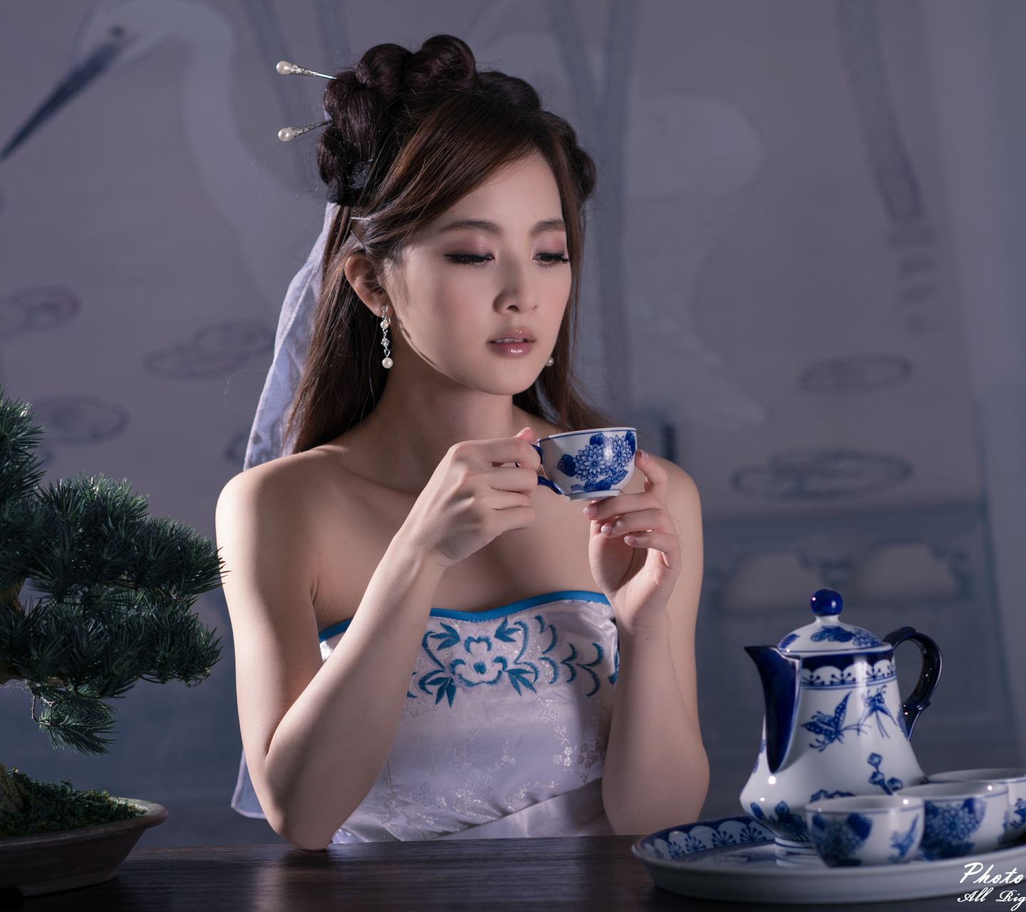 women, mikako zhang kaijie, asian, dress, cup, hair dress, tea set, hairpin, bonsai