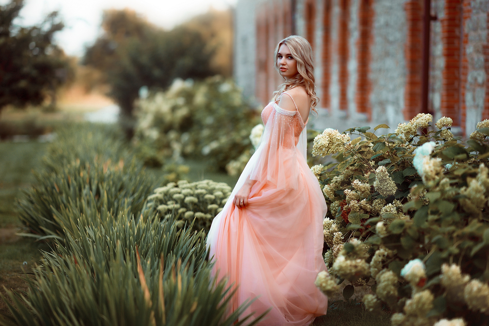 Девушка блондинка в пышном розовом платье