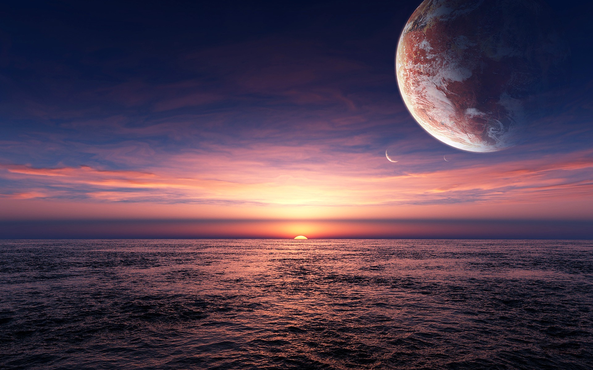 Download mobile wallpaper Sun, Water, Sea, Sunset, Landscape, Planets for free.