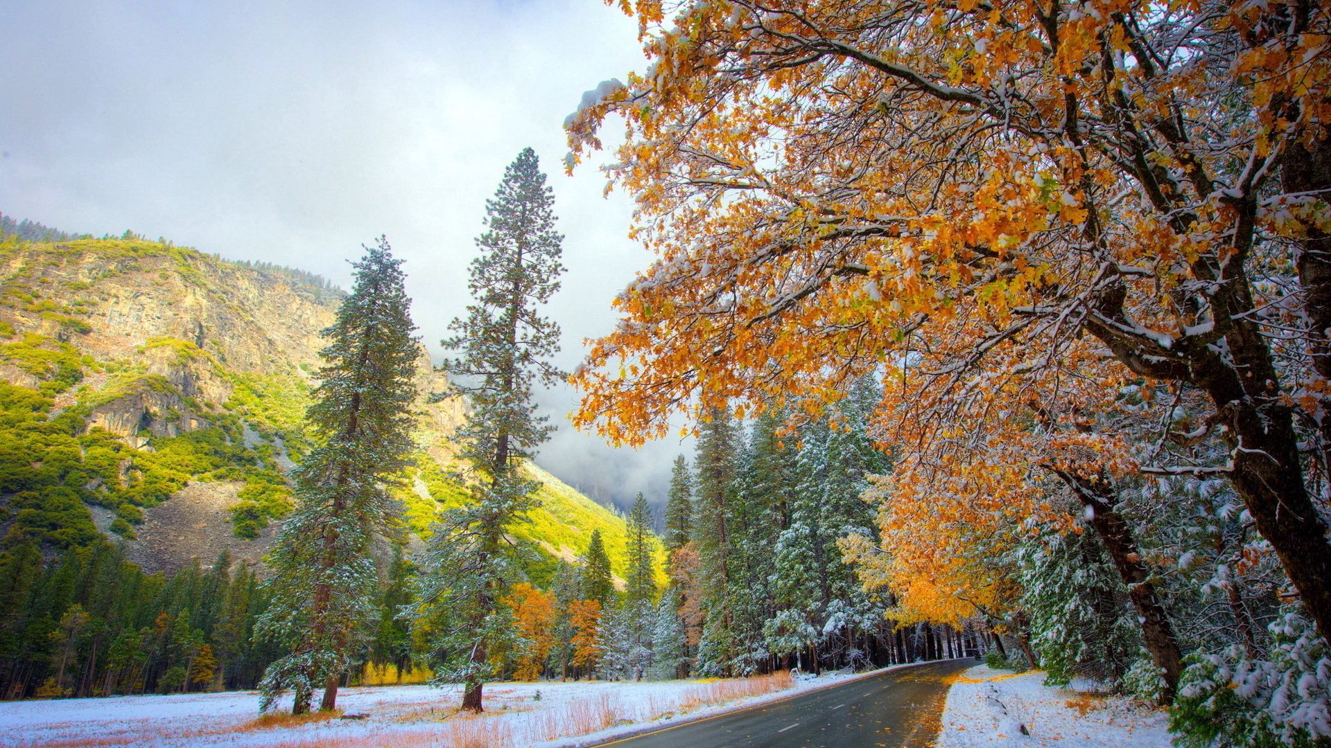 Download mobile wallpaper Autumn, Mountains, Nature, Snow, Winter, Road for free.