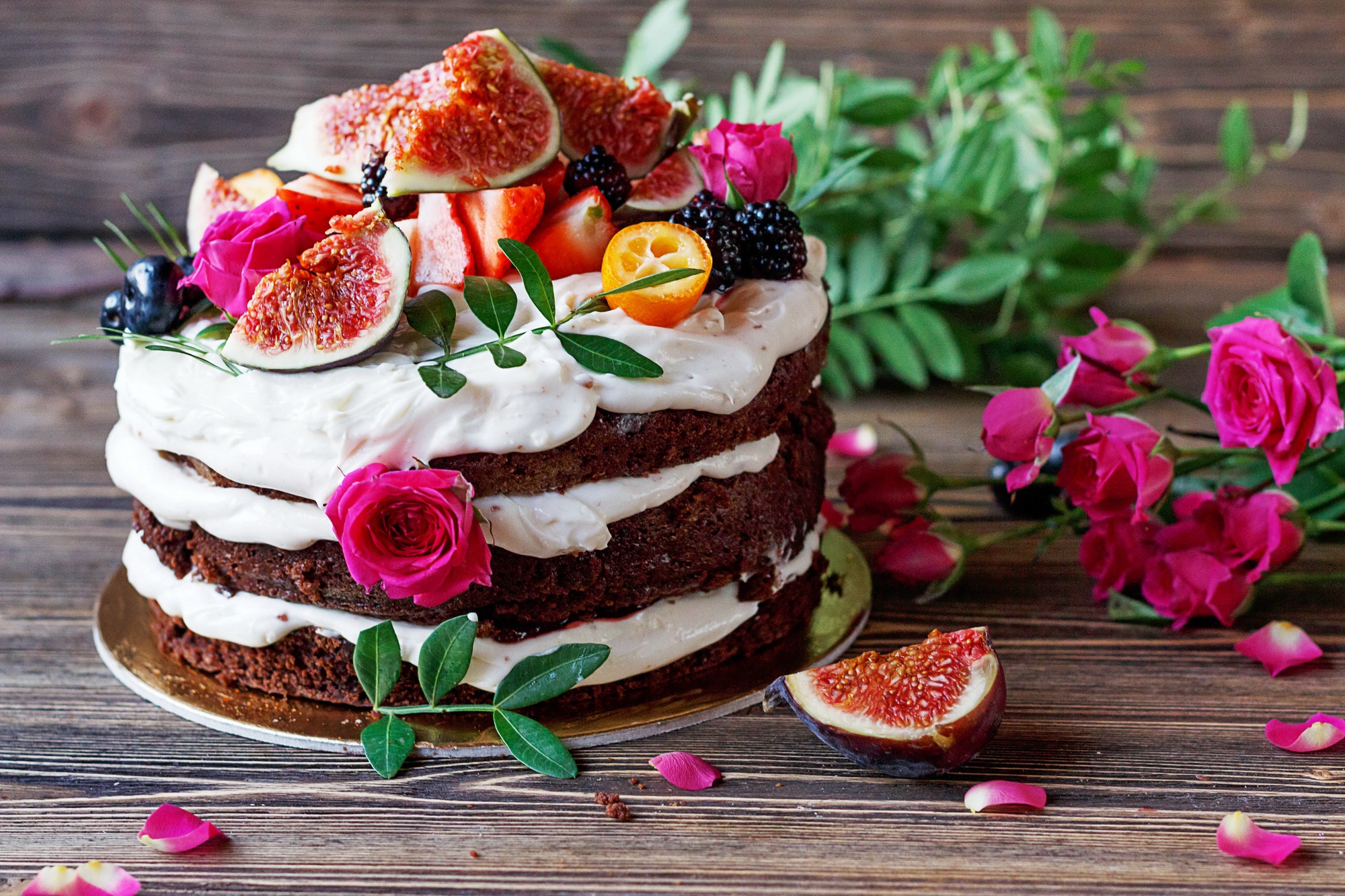 food, cake, fig, fruit, rose, still life mobile wallpaper