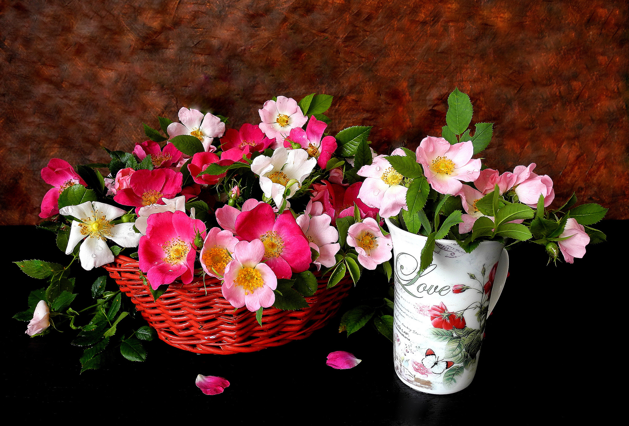 Download mobile wallpaper Love, Still Life, Flower, Cup, Basket, Photography, White Flower, Pink Flower for free.