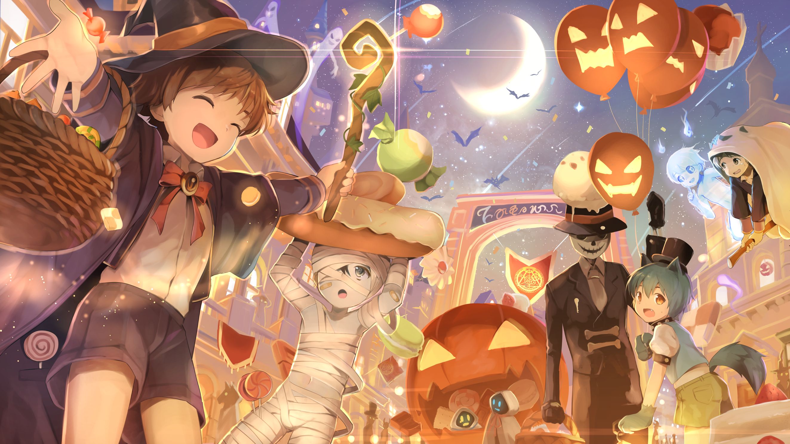 anime, halloween, bat, cute, moon, mummy, night, witch 4K Ultra