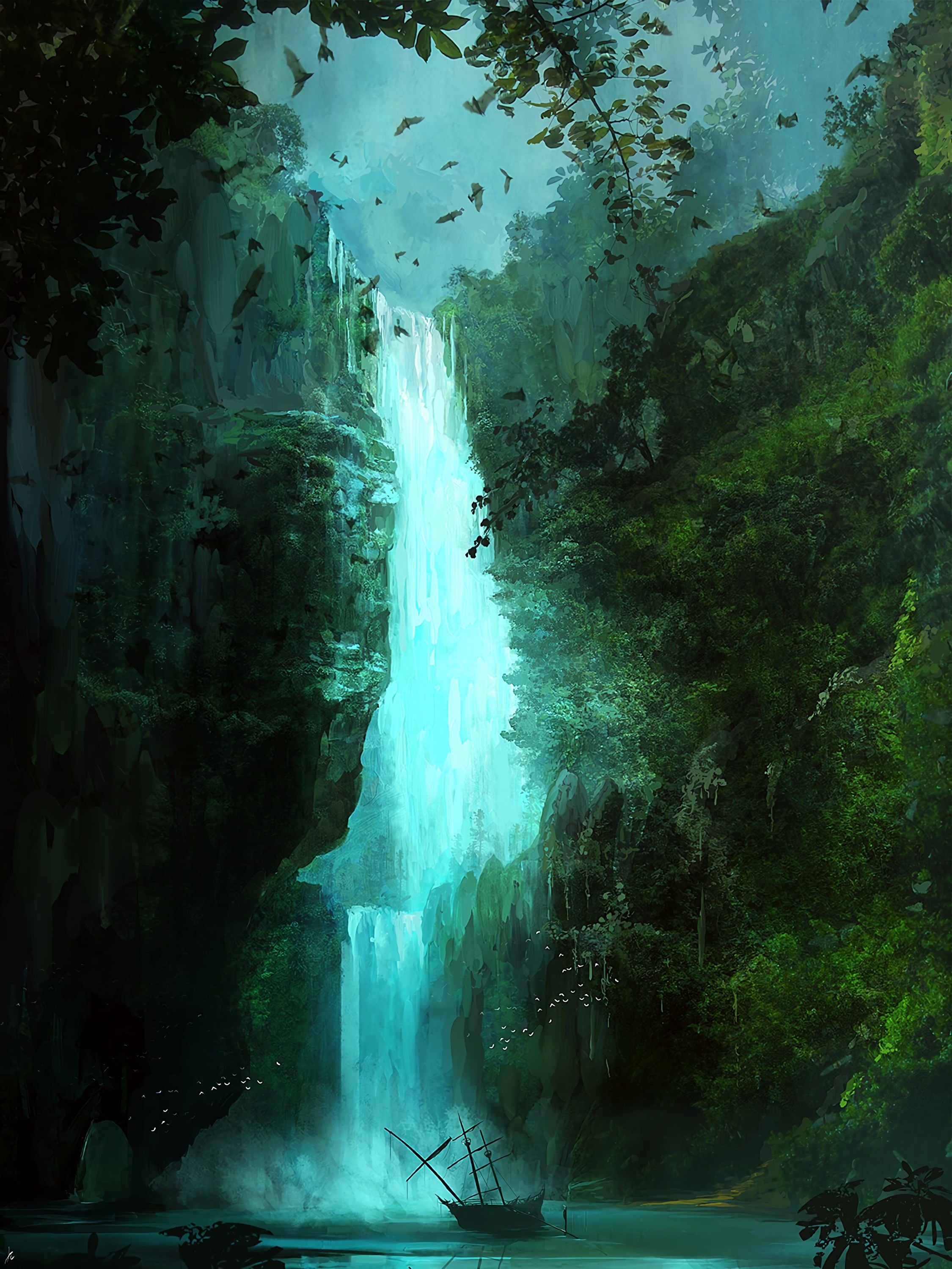 android art, ship, bats, waterfall