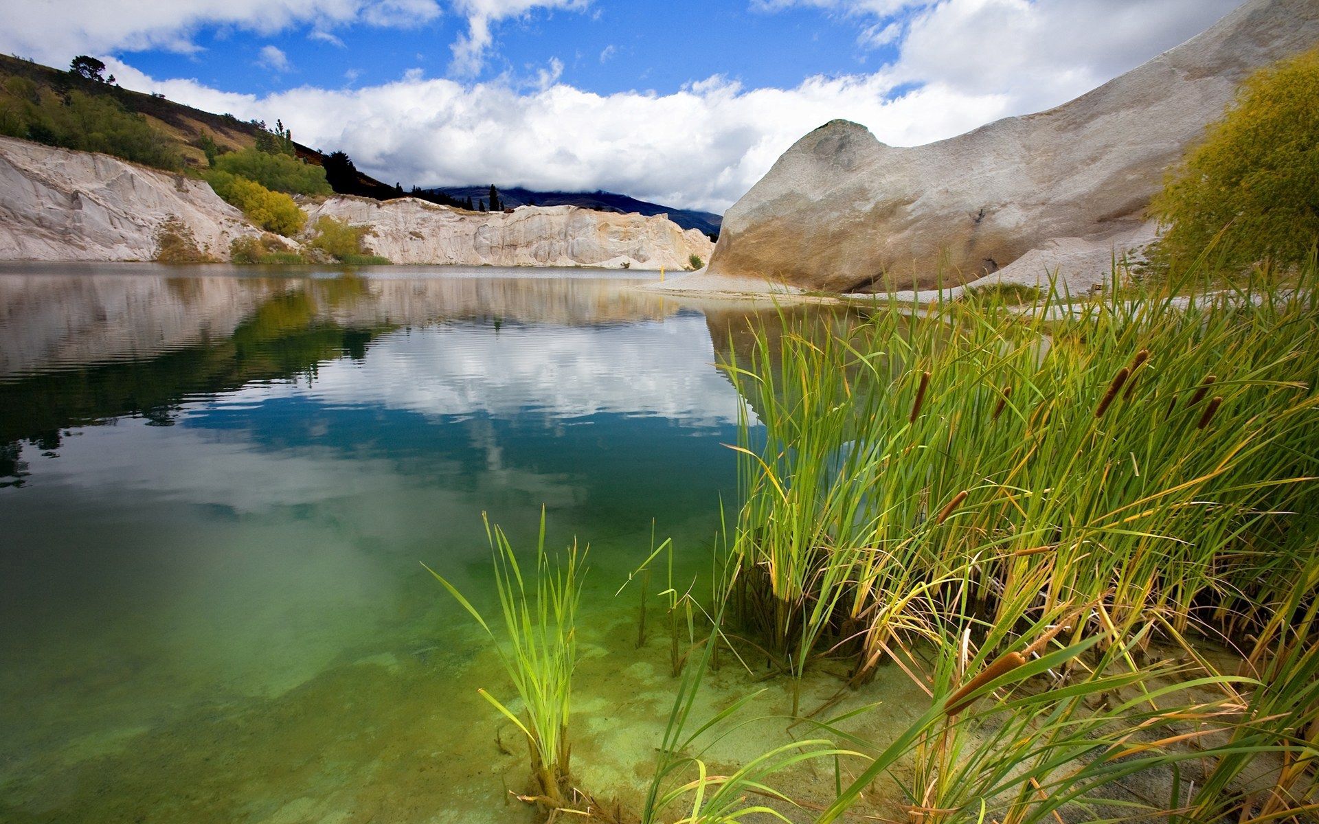 nature, water, stones, summer, lake, reflection, reeds
