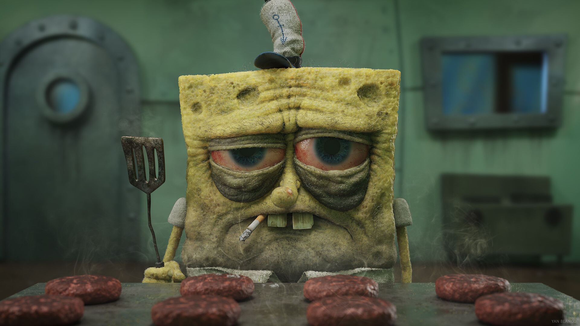 tv show, spongebob squarepants, hamburger, smoking 2160p