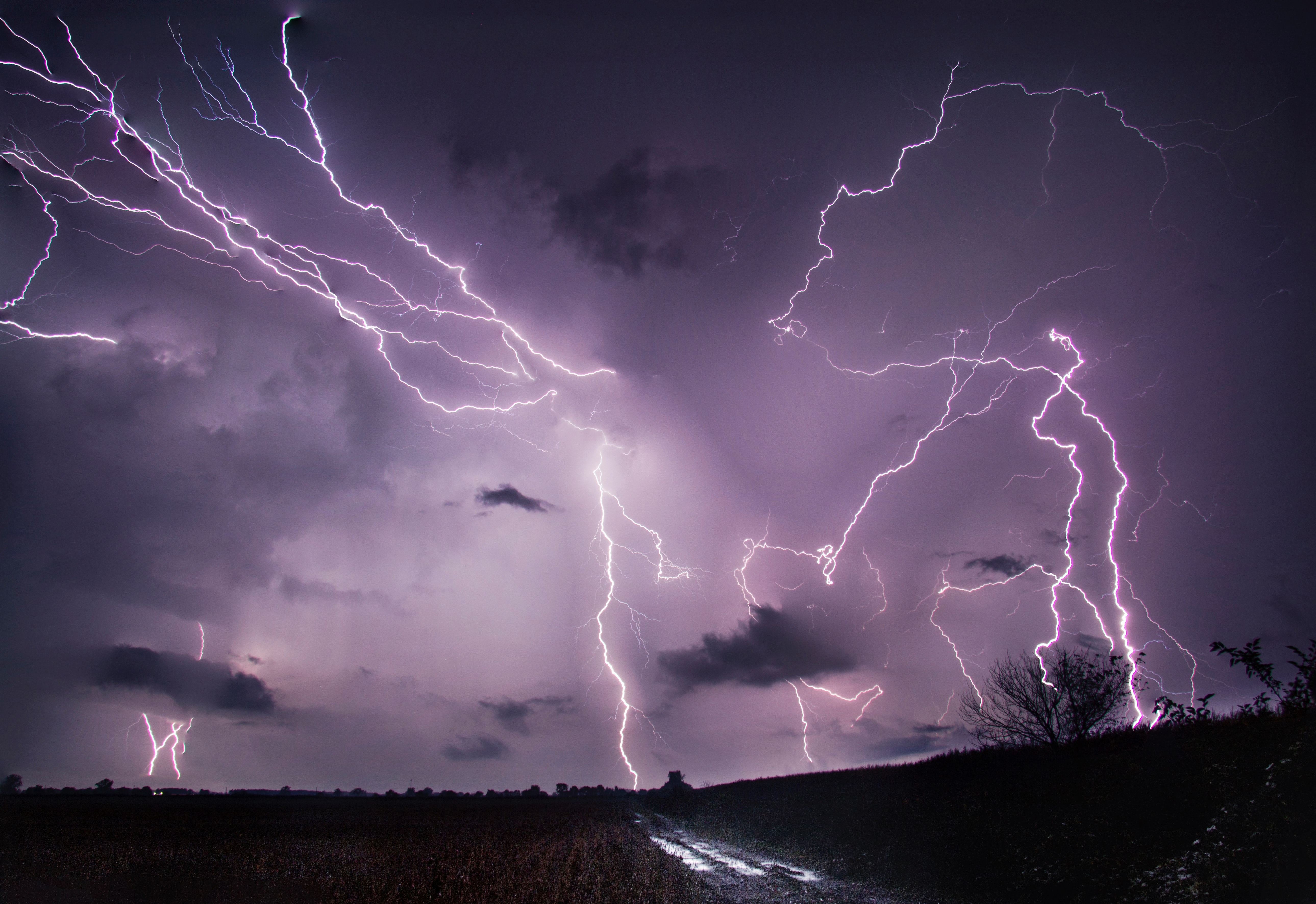 thunderstorm, storm, nature, lightning, road, field 8K
