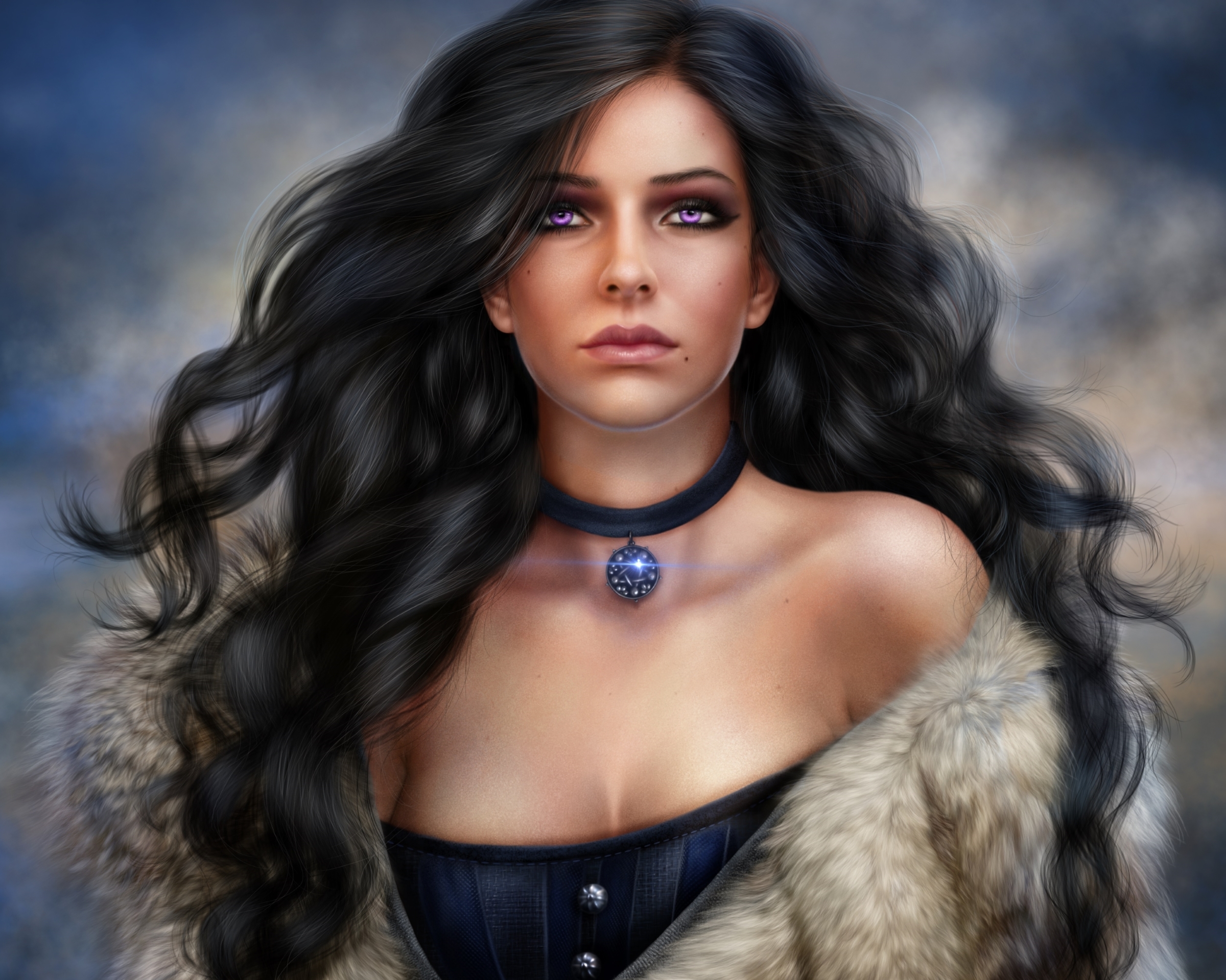 video game, the witcher 3: wild hunt, necklace, purple eyes, yennefer of vengerberg, long hair, black hair, amulet, the witcher Phone Background