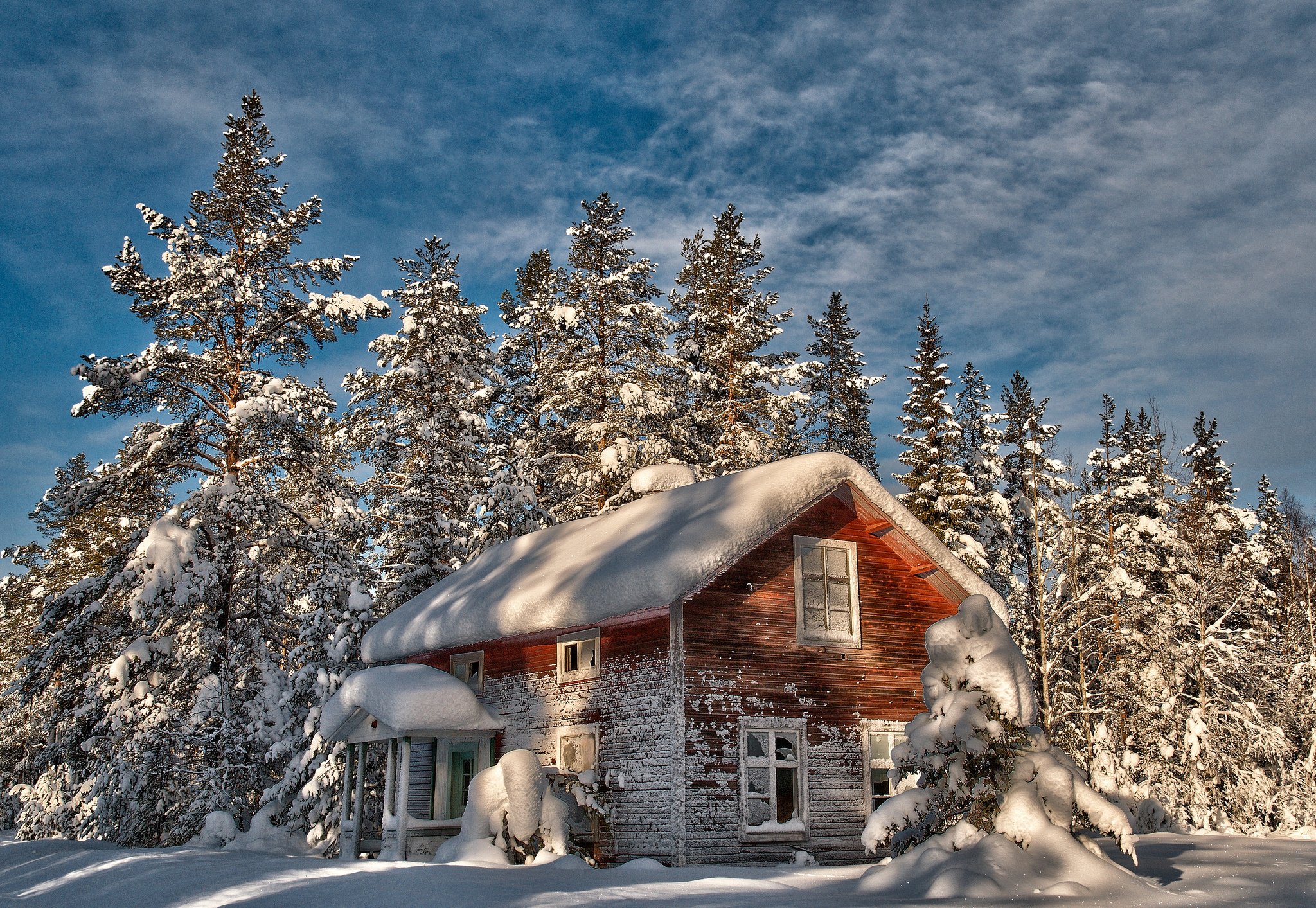 Wallpaper Full HD photography, winter, earth, house, man made, pine, snow, tree