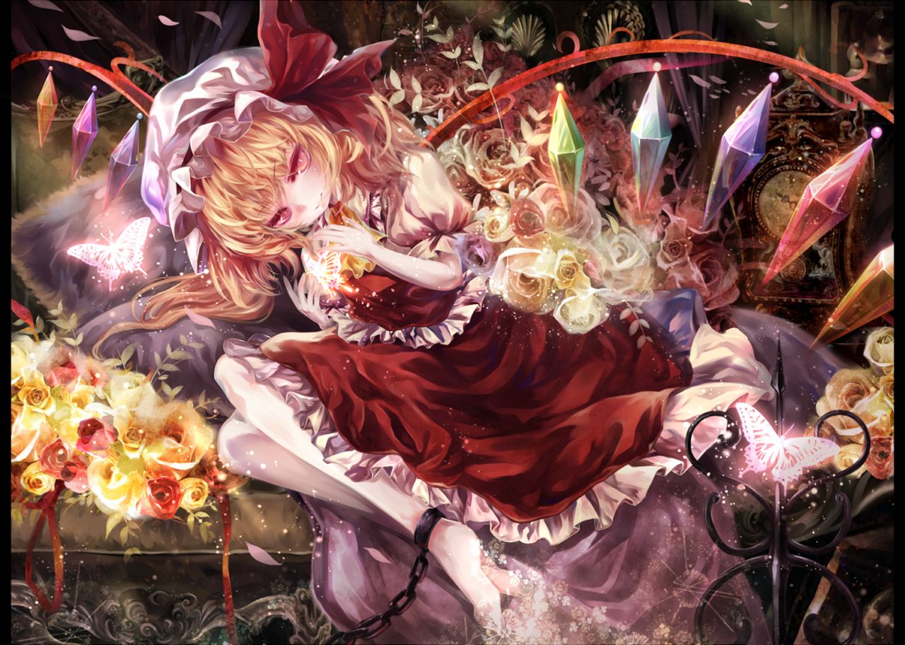 crystal, anime, touhou, blonde, butterfly, chain, flandre scarlet, flower, petal, red dress, red eyes, wings