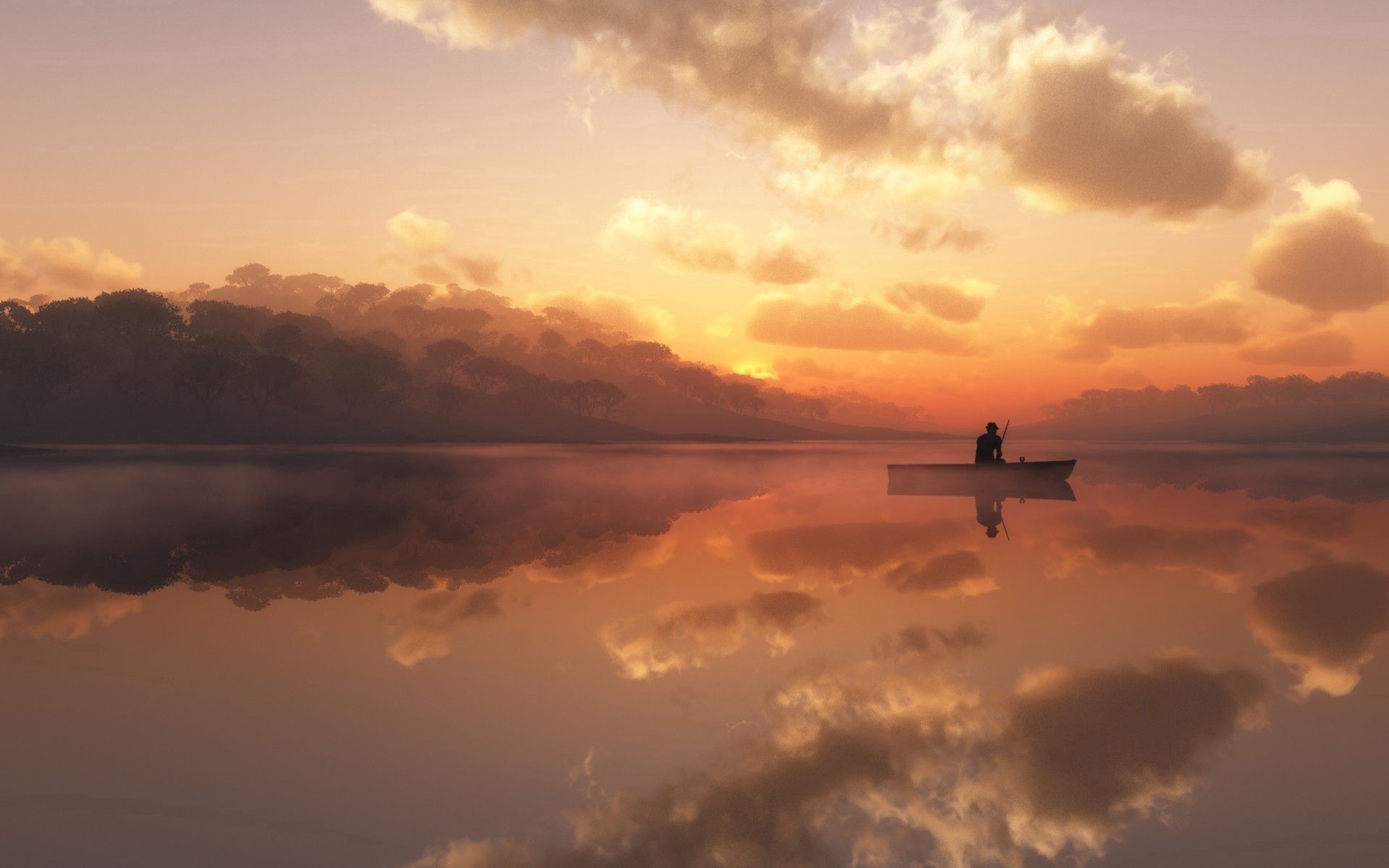 fisherman, nature, silhouette, fog, morning, boat