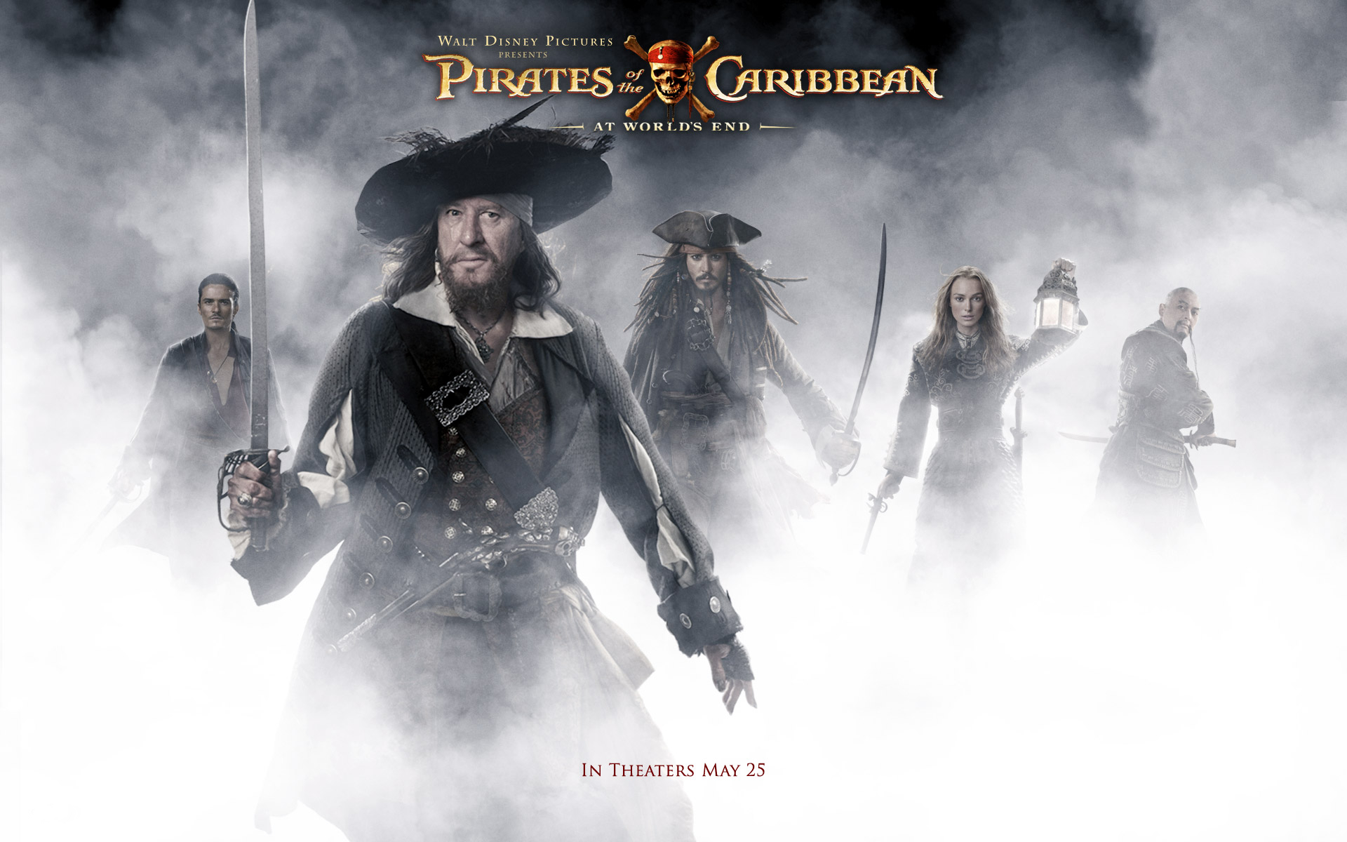 keira knightley, movie, pirates of the caribbean: at world's end, captain sao feng, chow yun fat, elizabeth swann, geoffrey rush, hector barbossa, jack sparrow, johnny depp, orlando bloom, will turner, pirates of the caribbean