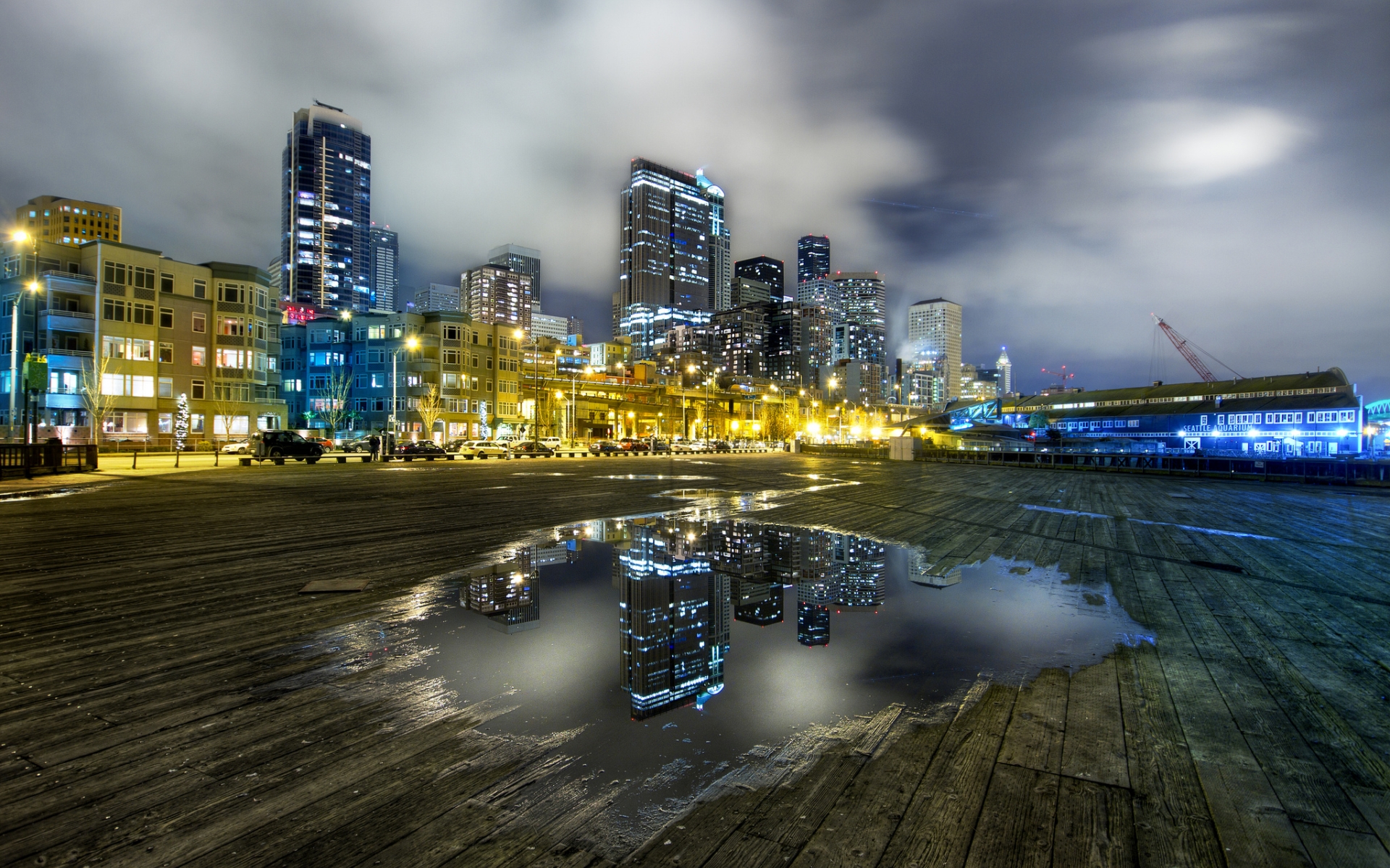 man made, city, building, dave morrow, night, puddle, reflection, seattle, skyscraper, cities High Definition image