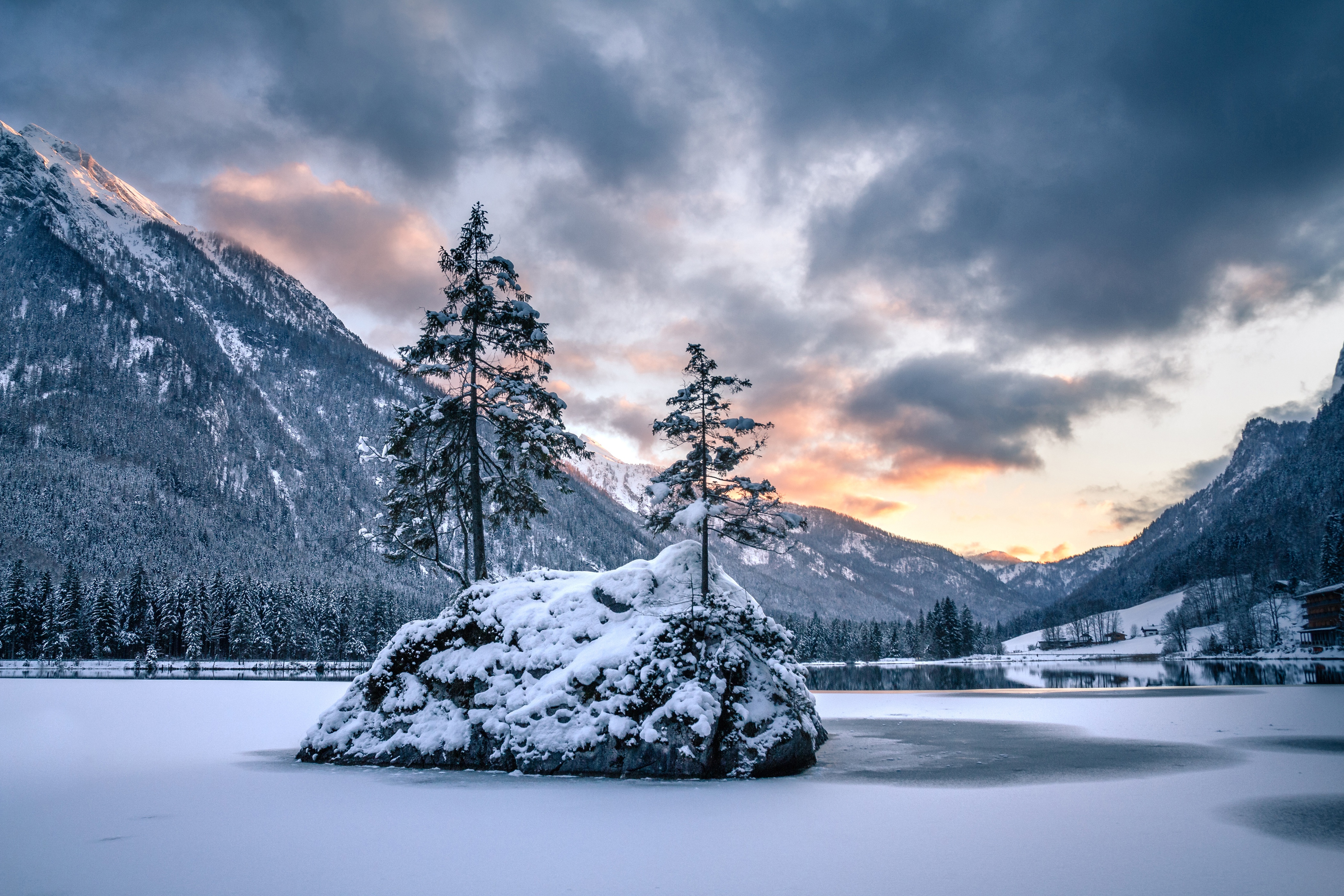 earth, winter, alps, bavaria, germany, island, lake, mountain, snow, tree 5K