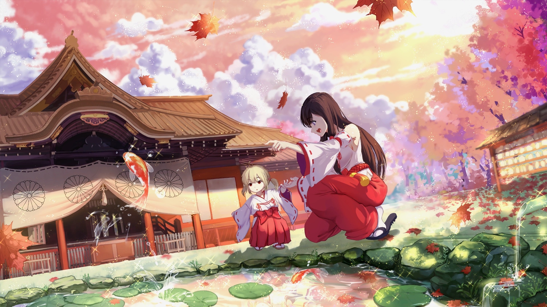 video game, mirror, fish, kimono, shrine maiden, shrine HD wallpaper