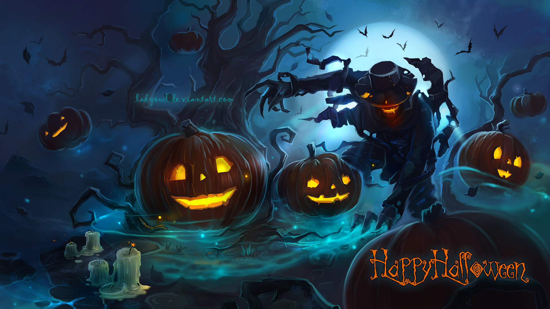 Download mobile wallpaper Halloween, Tree, Holiday, Candle, Bat, Jack O' Lantern, Happy Halloween for free.