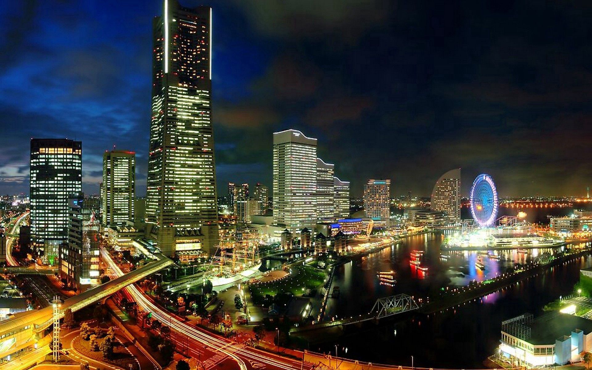 Download mobile wallpaper Megapolis, Development, Yokohama, Evening, Cities, Megalopolis, City Lights, Japan for free.