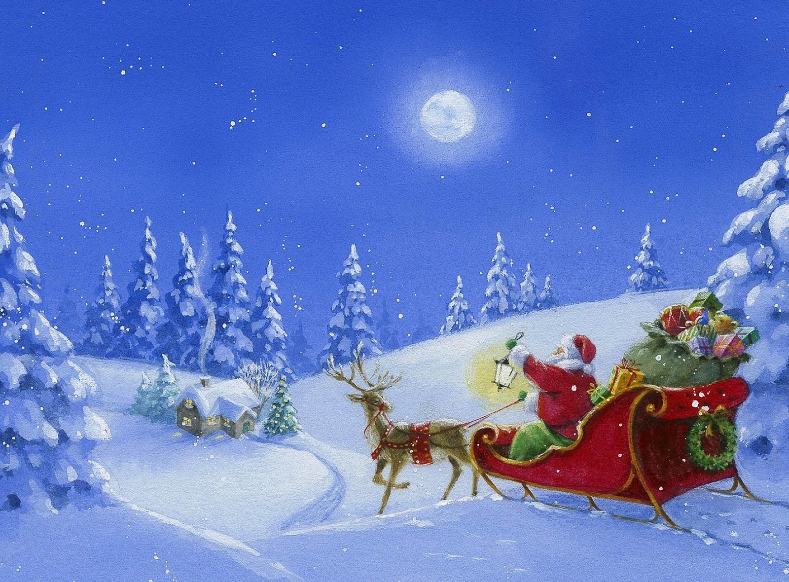 Скачать обои бесплатно Сани, Санта Клаус, Ночь, Лес, Подарки, Фонарь, Праздники, Олень, Луна, Дом картинка на рабочий стол ПК