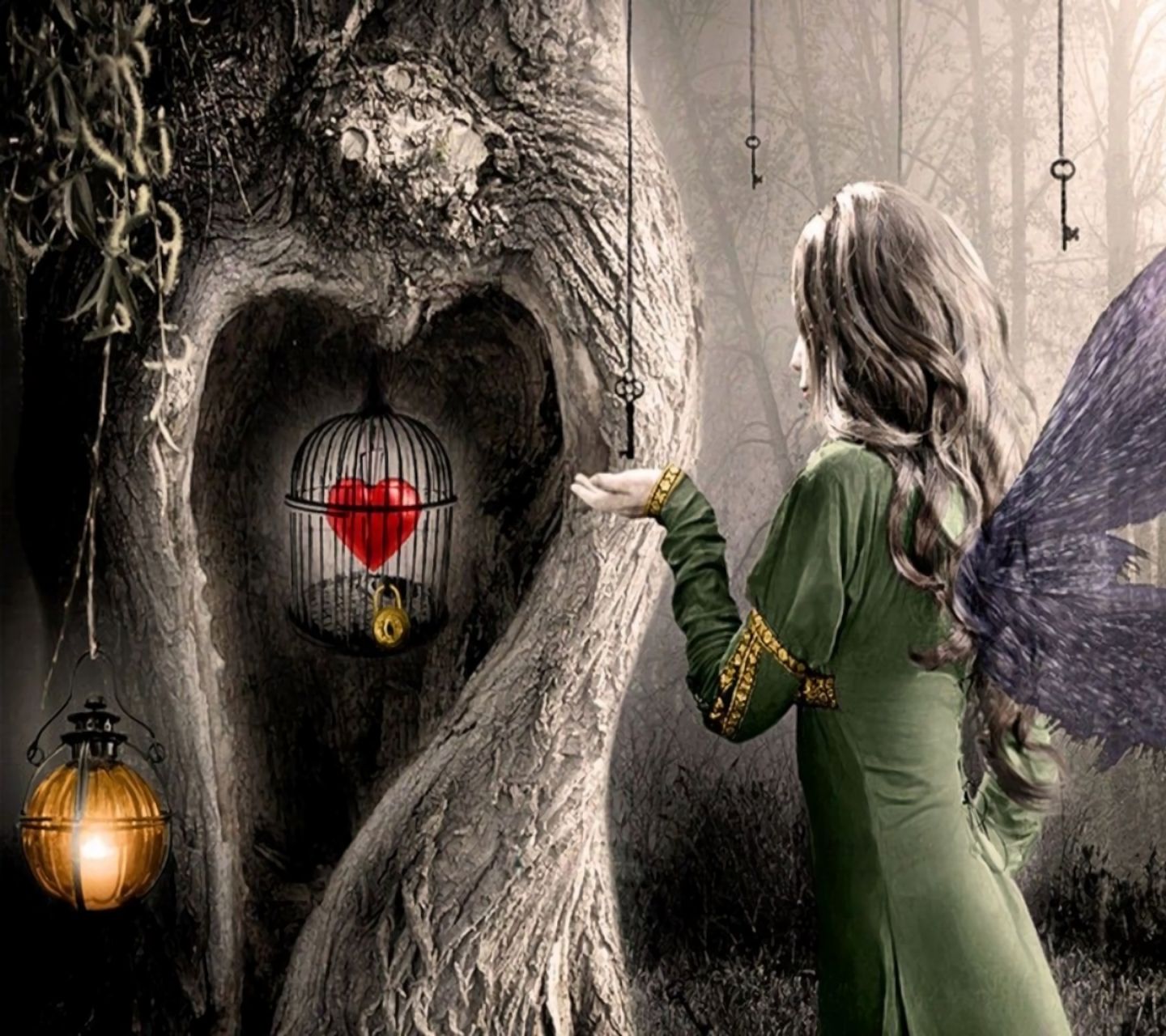 fairy, artistic, love, cage, heart HD wallpaper