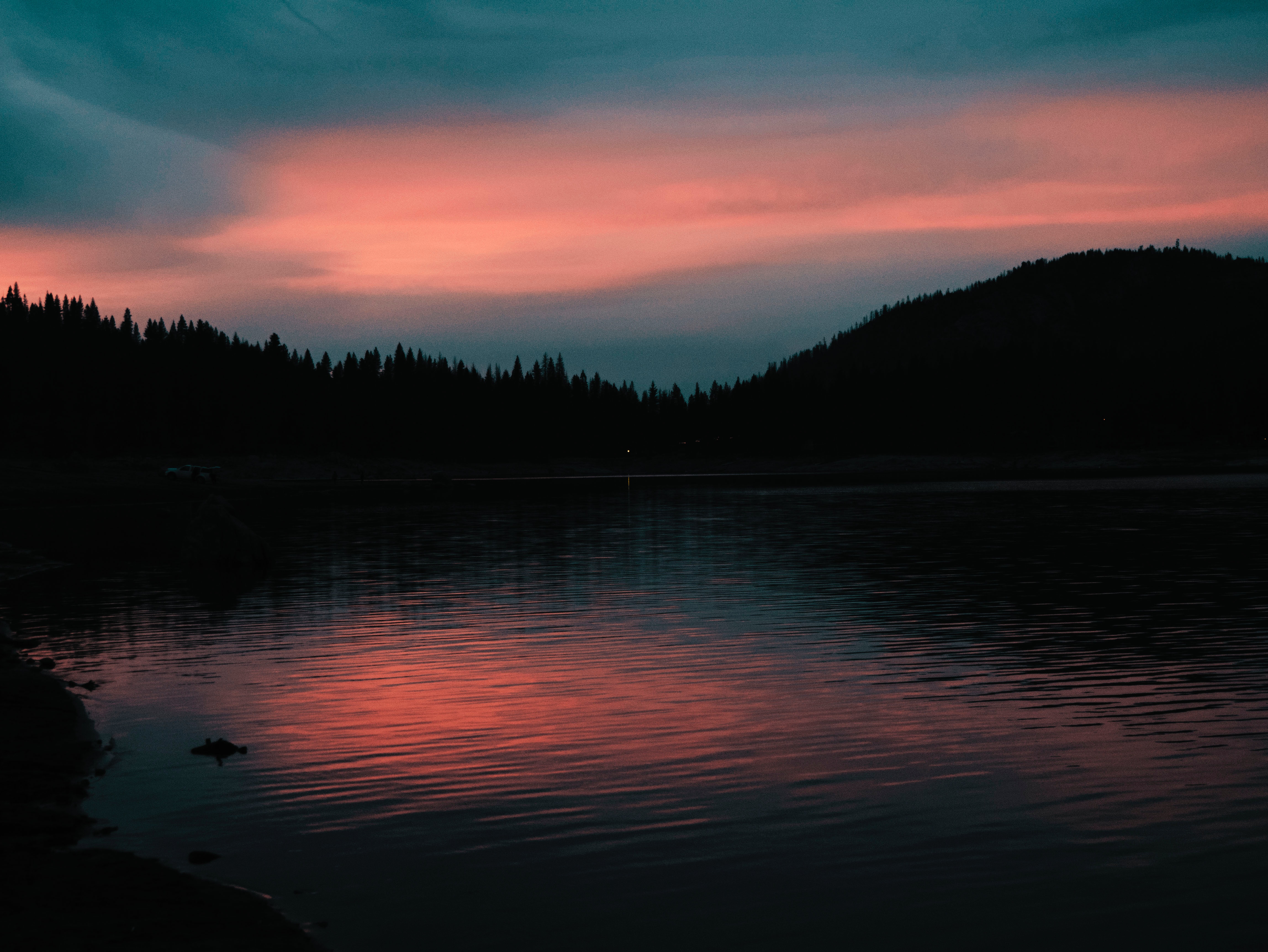 Download mobile wallpaper Lake, Sunset, Horizon, Evening, Trees, Dark for free.