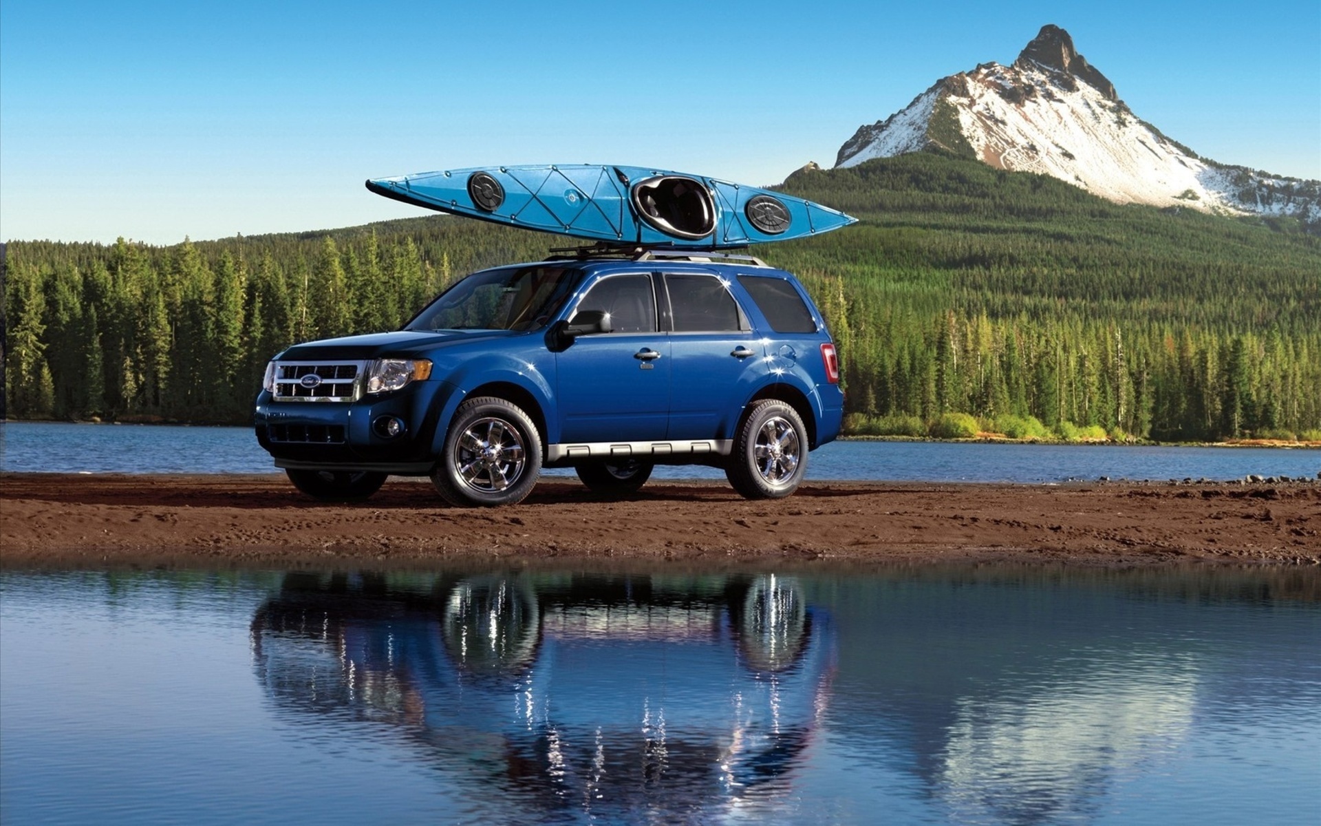 Download background ford, transport, landscape, auto, nature, mountains, blue