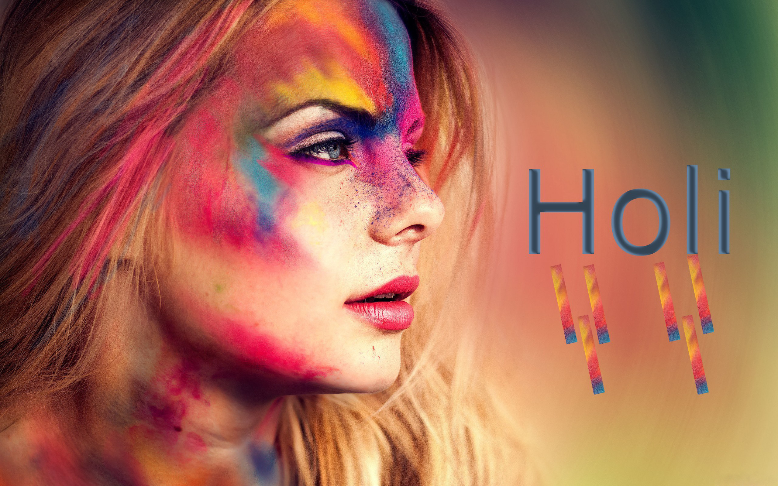 Download mobile wallpaper Holiday, Colors, Blonde, Face, Holi, Blue Eyes, Lipstick for free.