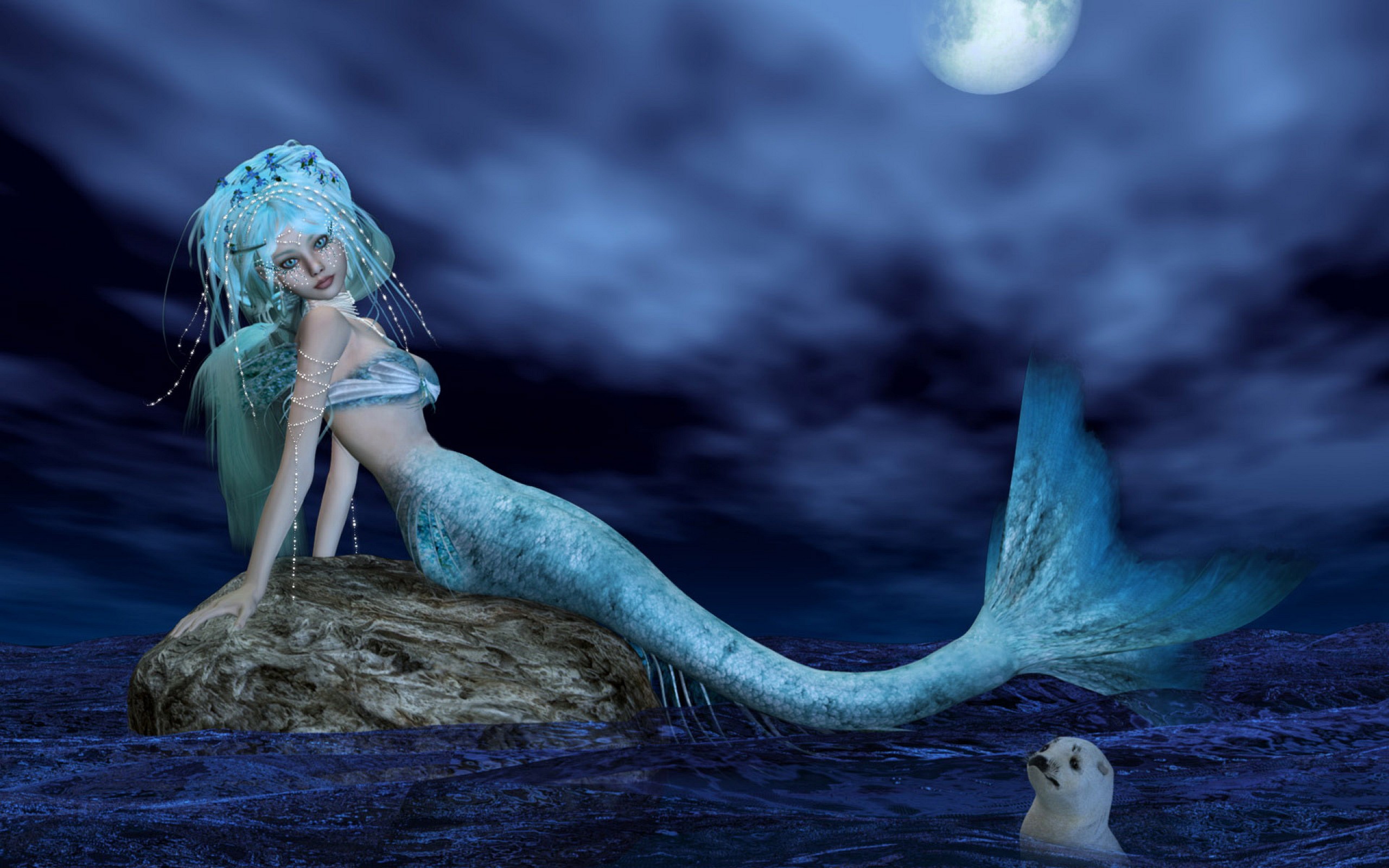 fantasy, mermaid, moon, seal, tail