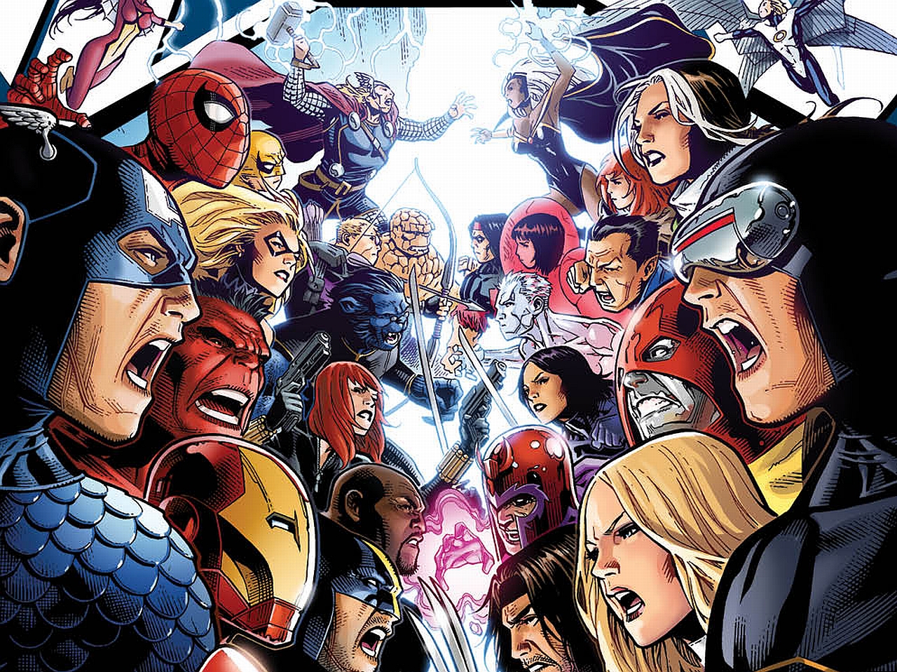 wallpapers comics, avengers vs x men, angel (marvel comics), armor (marvel comics), beast (marvel comics), ben grimm, black widow, captain america, cyclops (marvel comics), hawkeye, hero for hire, iceman (marvel comics), iron fist (marvel comics), iron man, juggernaut (marvel comics), luke cage, magneto (marvel comics), power man, red hulk, rogue (marvel comics), spider man, spider woman, storm (marvel comics), thing (marvel comics), thor, wolverine