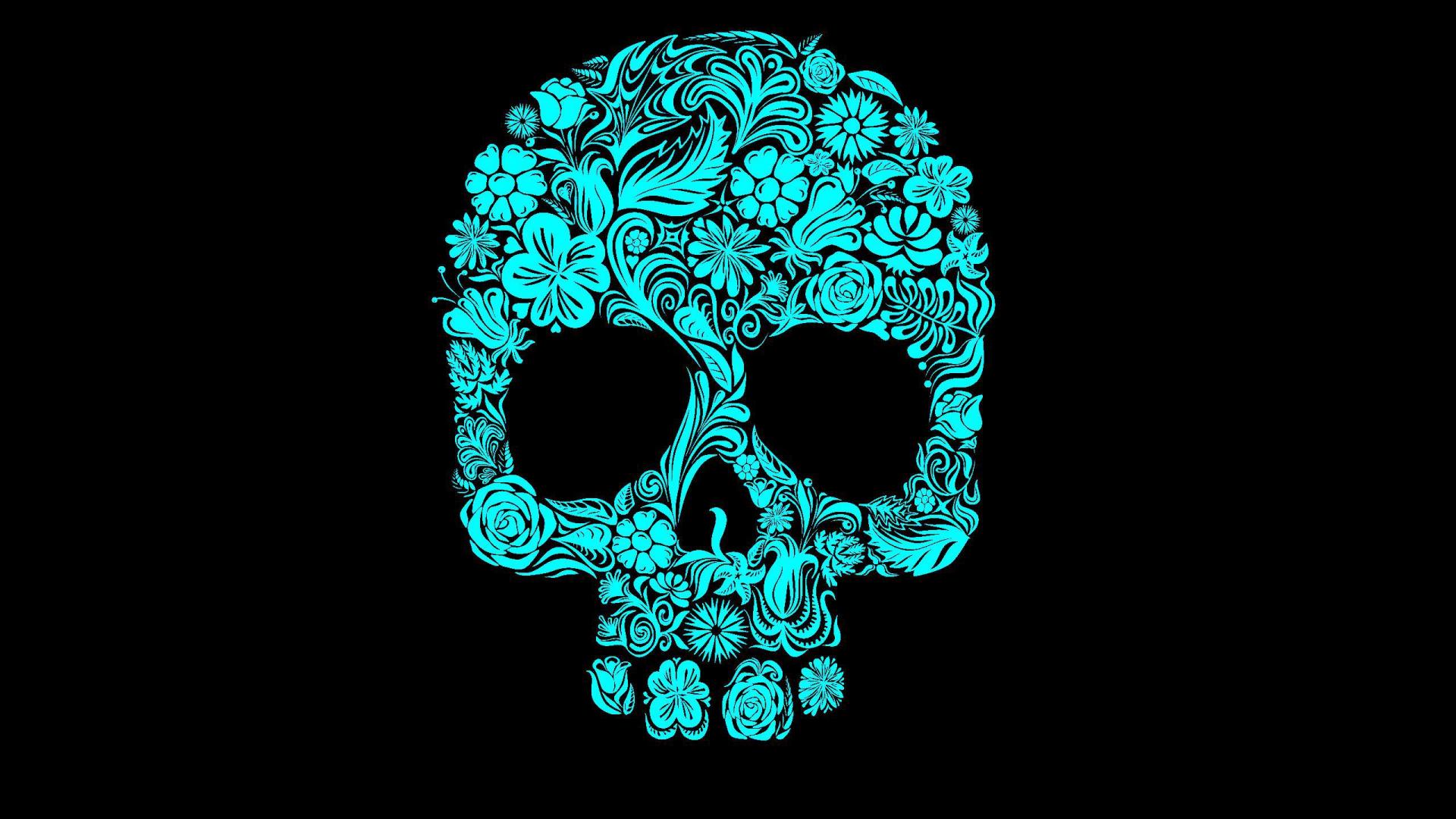 dark, skull, blue, flower, teal