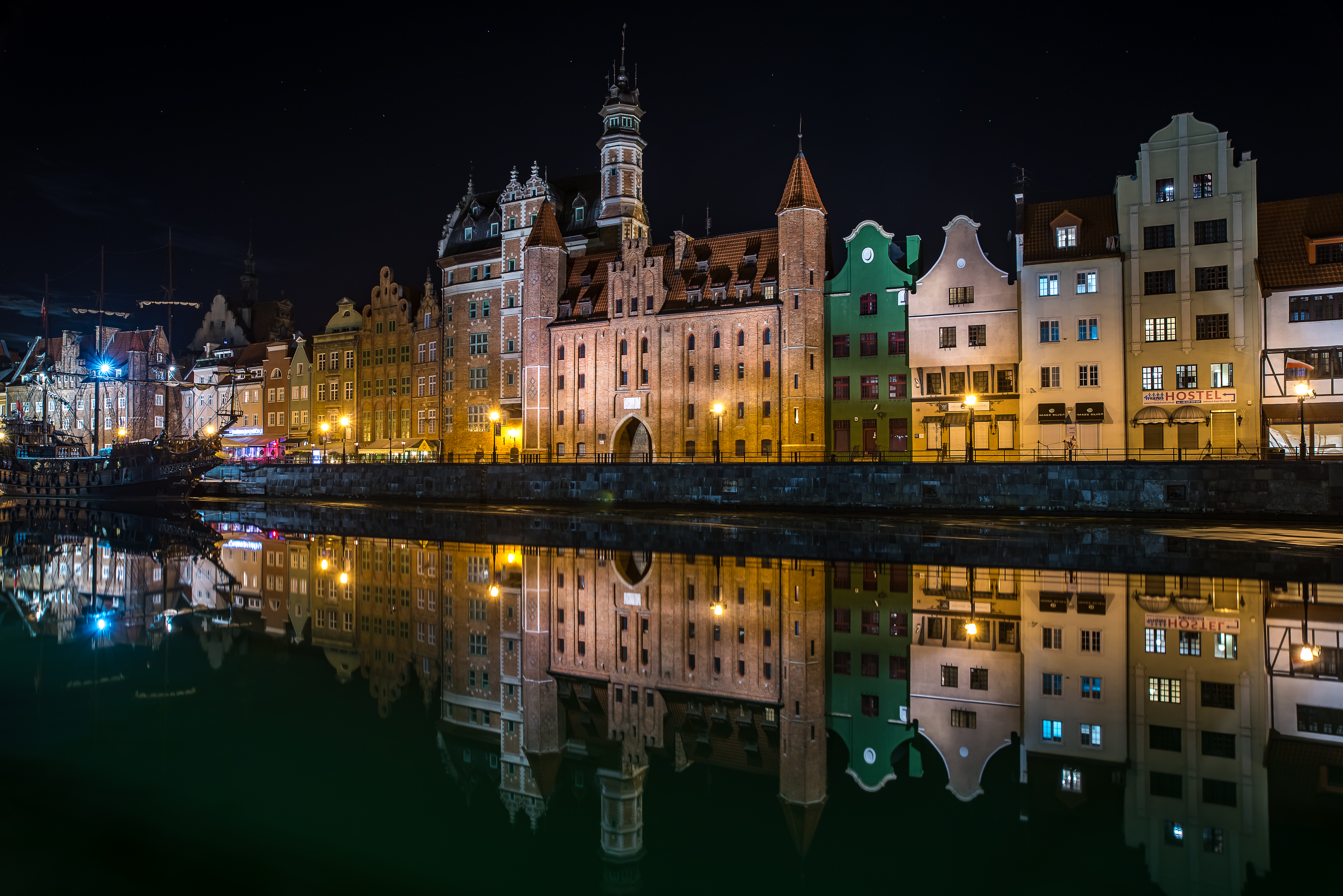 man made, gdansk, light, night, poland, reflection, river, town, towns