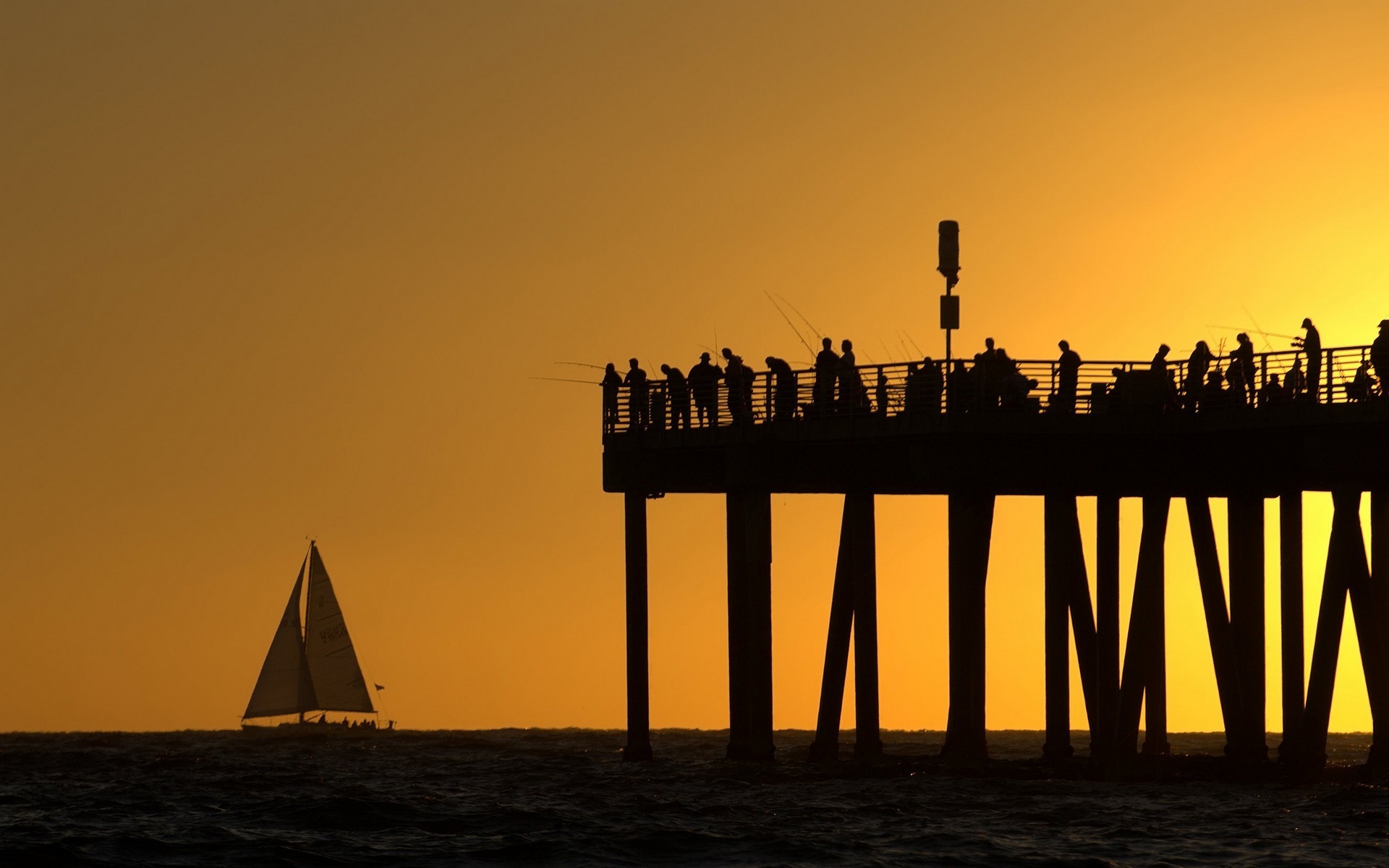fishing, man made, pier, ocean, people, photography, sailboat, sunset HD wallpaper