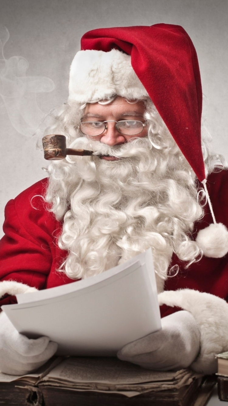 santa claus, holiday, christmas, pipe, smoke, santa hat, glasses, smoking, book, reading phone wallpaper